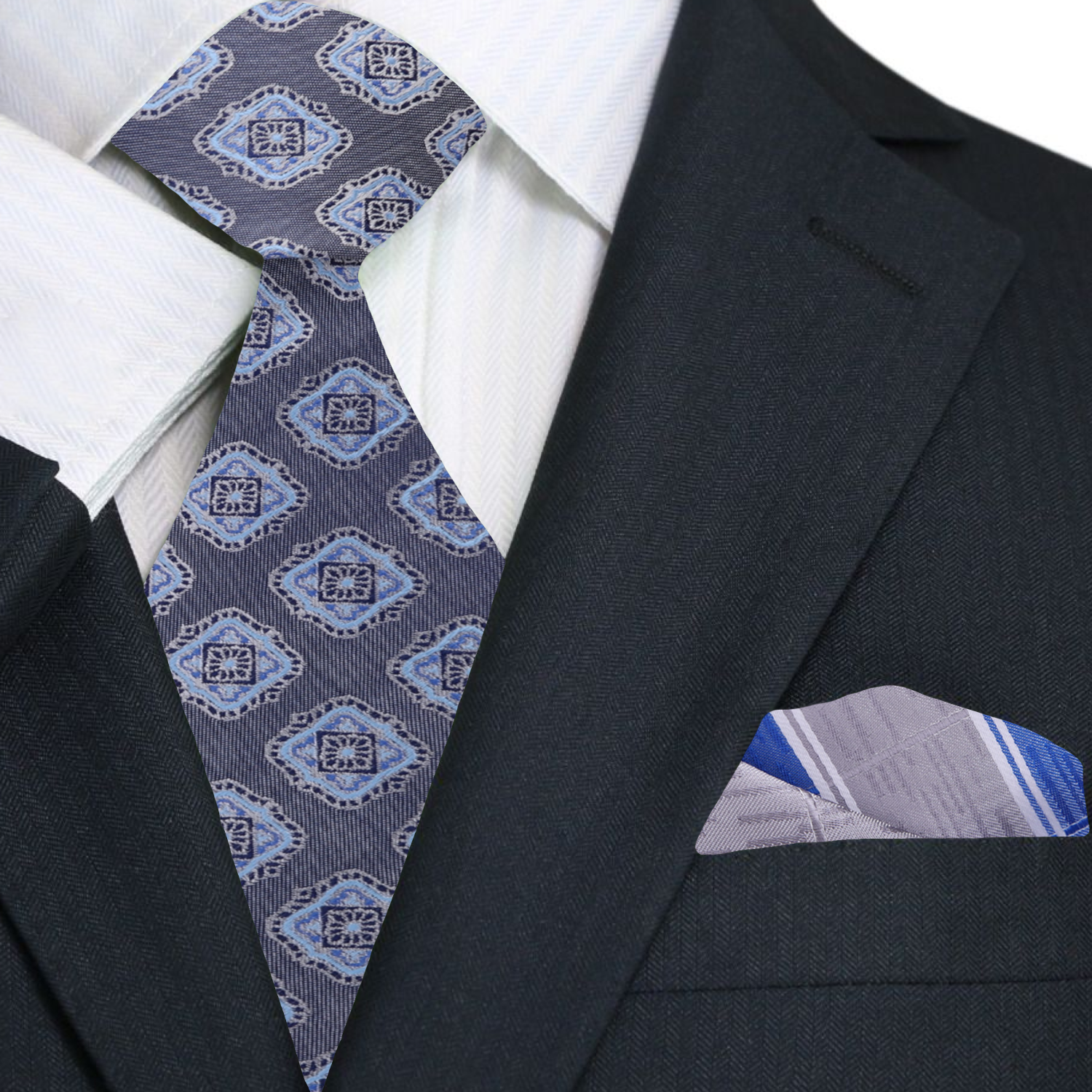 Medallion Grey and Blue Necktie and Accenting Square