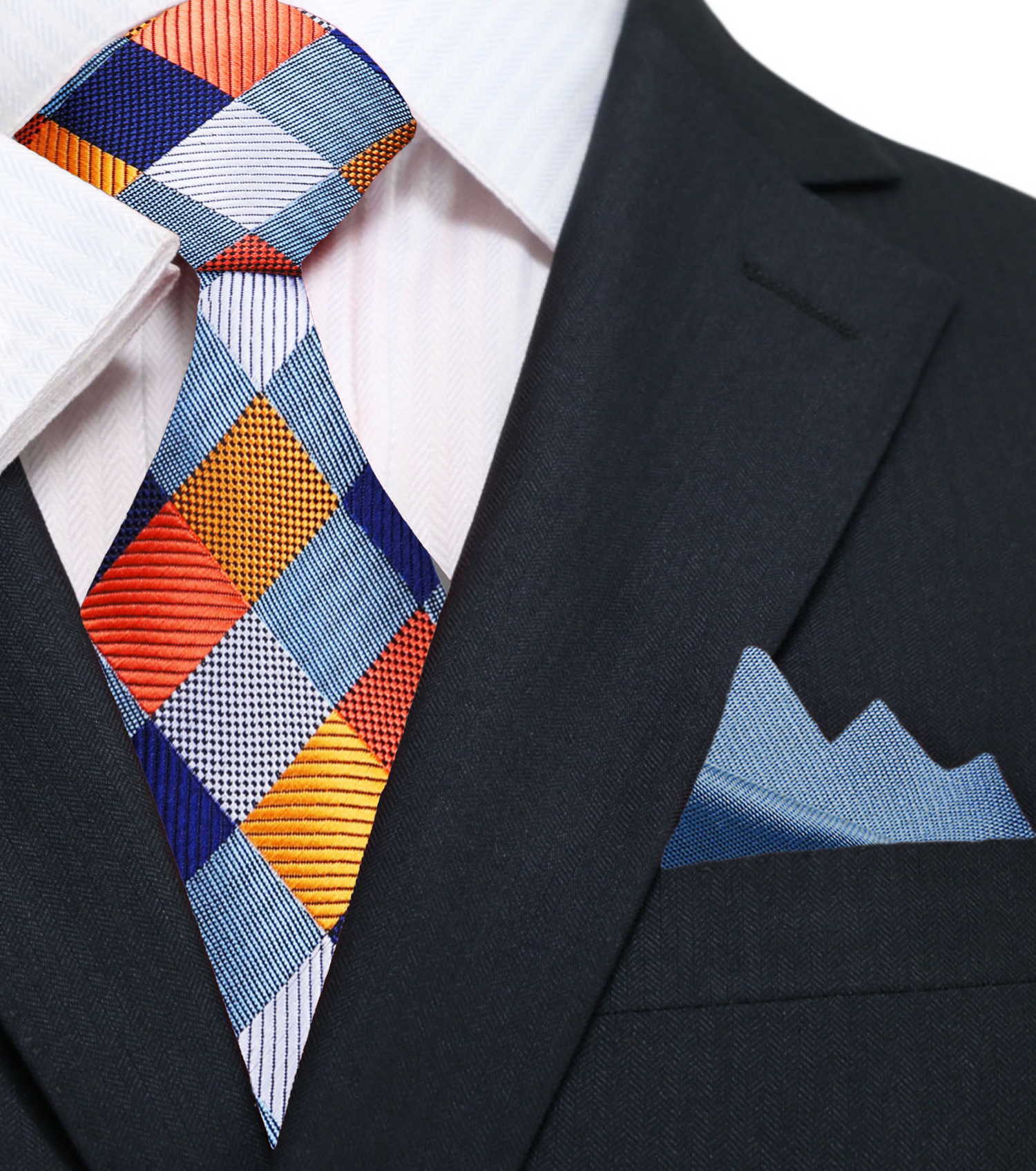 A Grey, Blue, Orange Geometric Diamond Pattern Silk Necktie