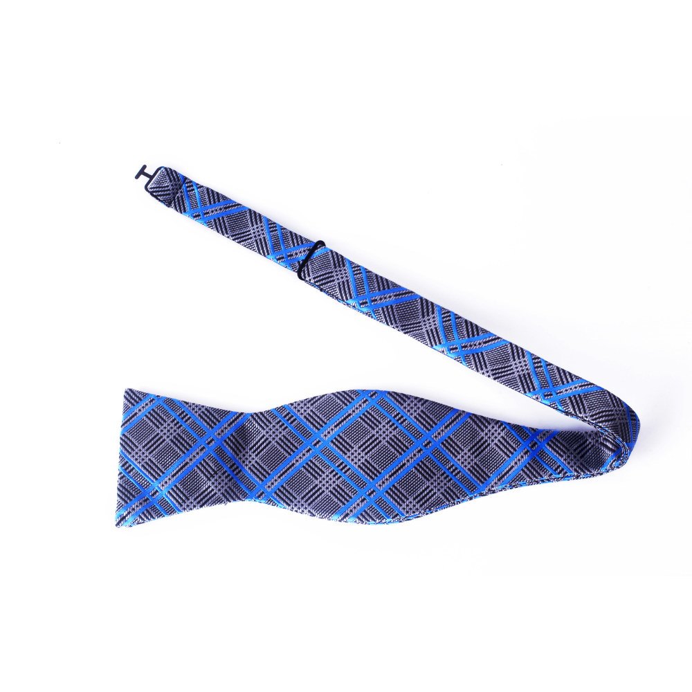 Grey, Blue Plaid Self Tie Bow Tie