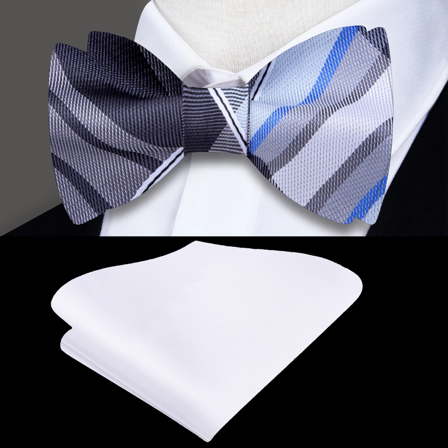 Grey, White, Light Blue Plaid Bow Tie and Accenting Pocket Square