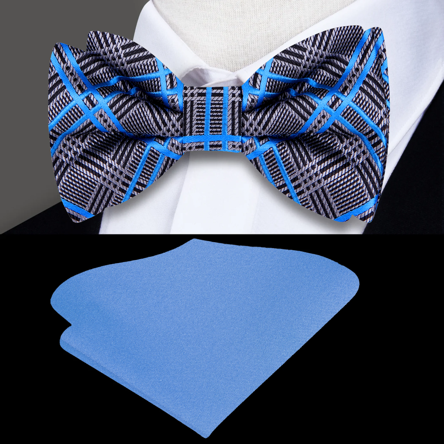 ||Grey, Blue Plaid Bow Tie And Blue Square