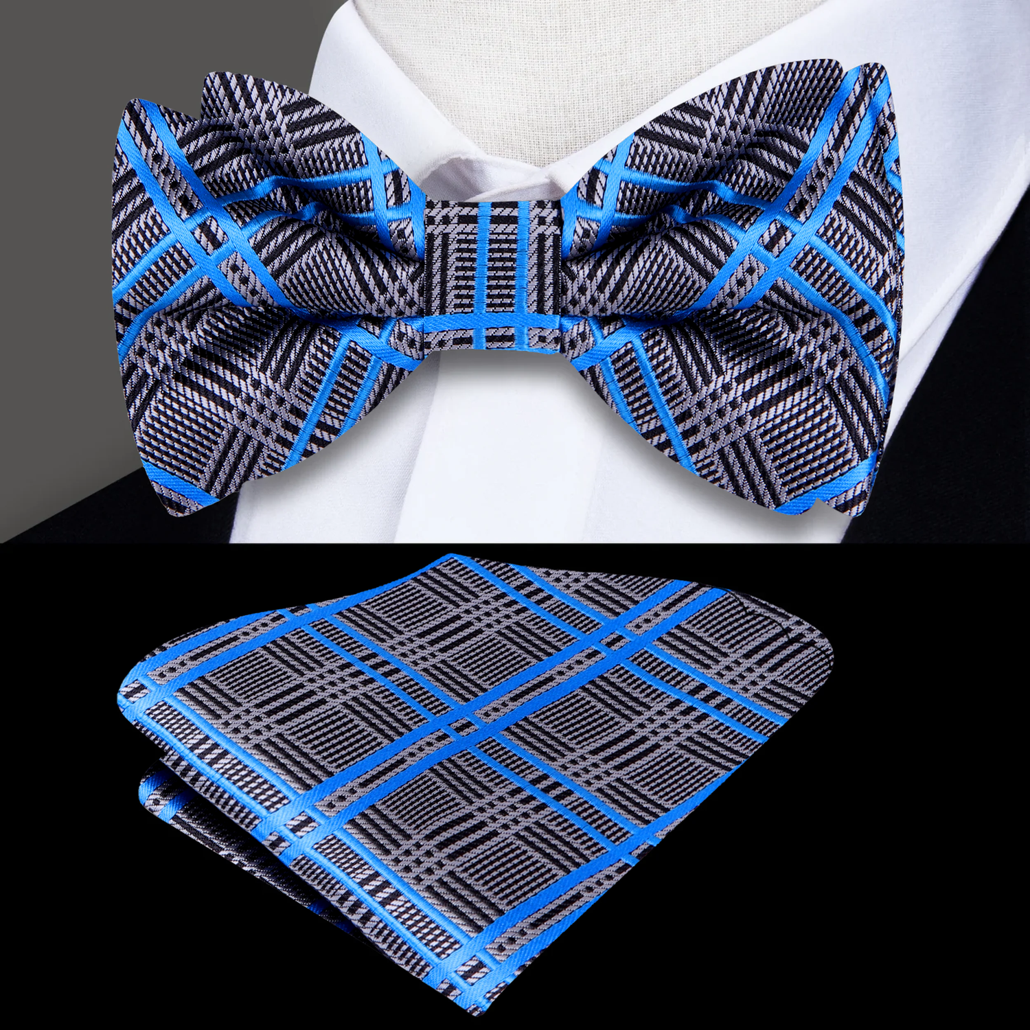 ||Grey, Blue Plaid Bow Tie And Matching Square