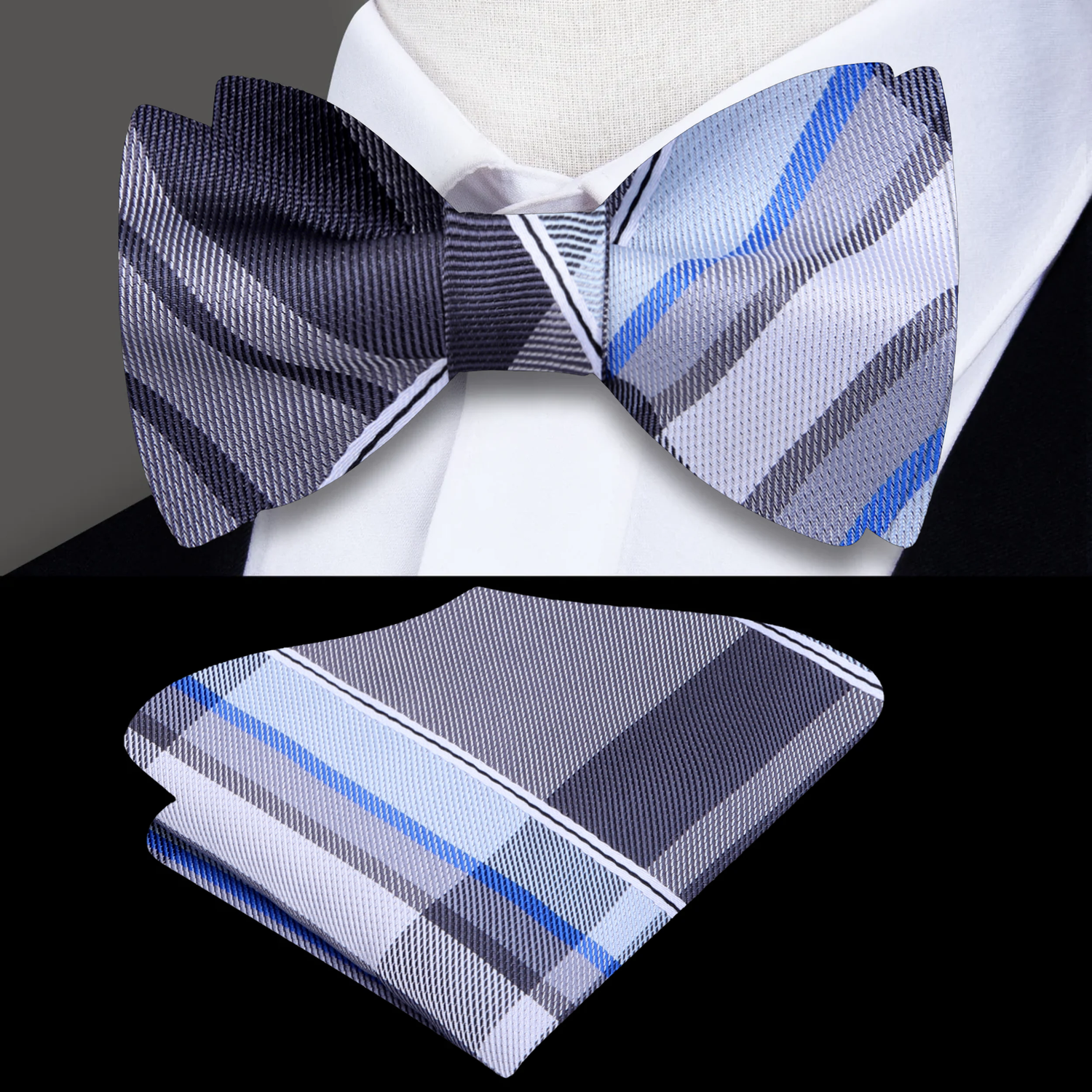 Grey, White, Light Blue Plaid Bow Tie and Pocket Square