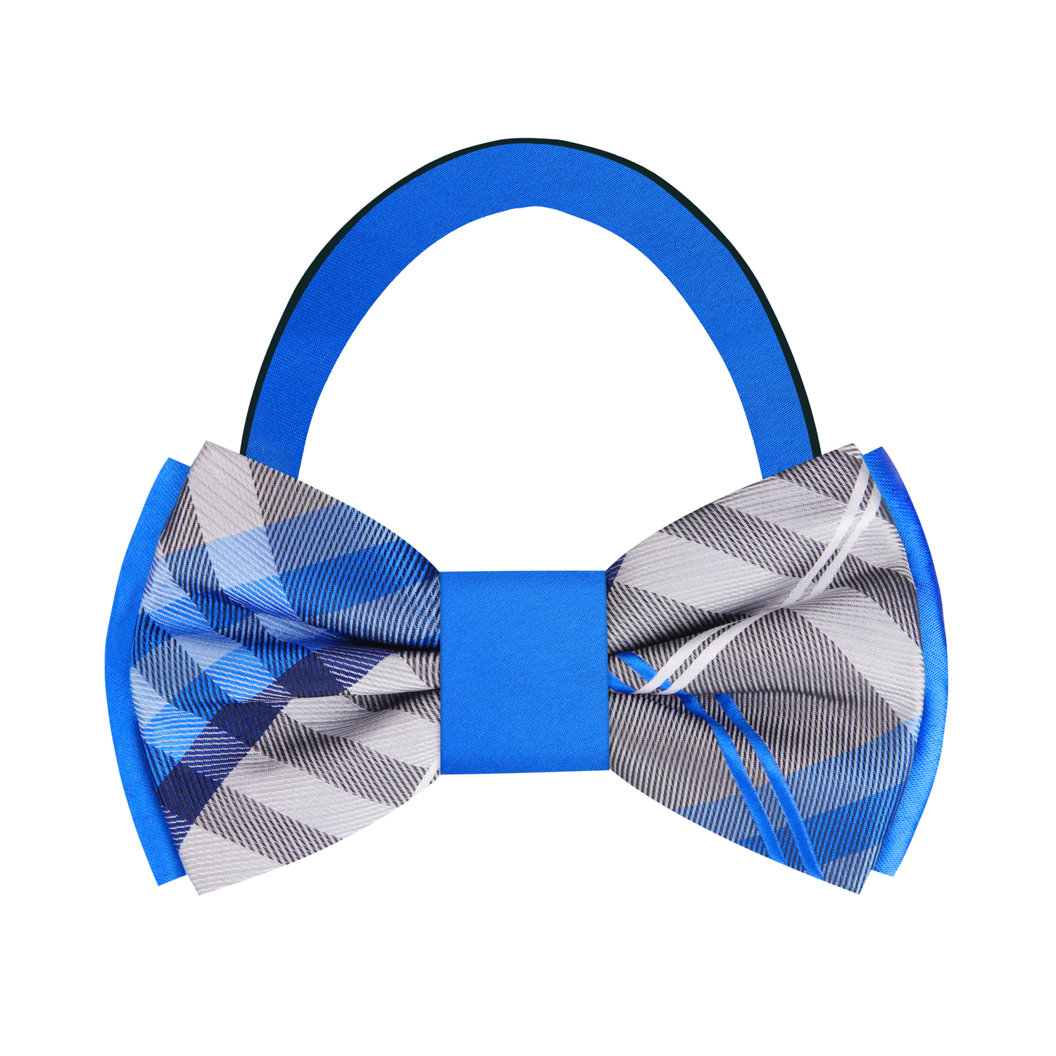 Grey Blue Plaid and Solid Blue Double Sided Bow Tie Pre