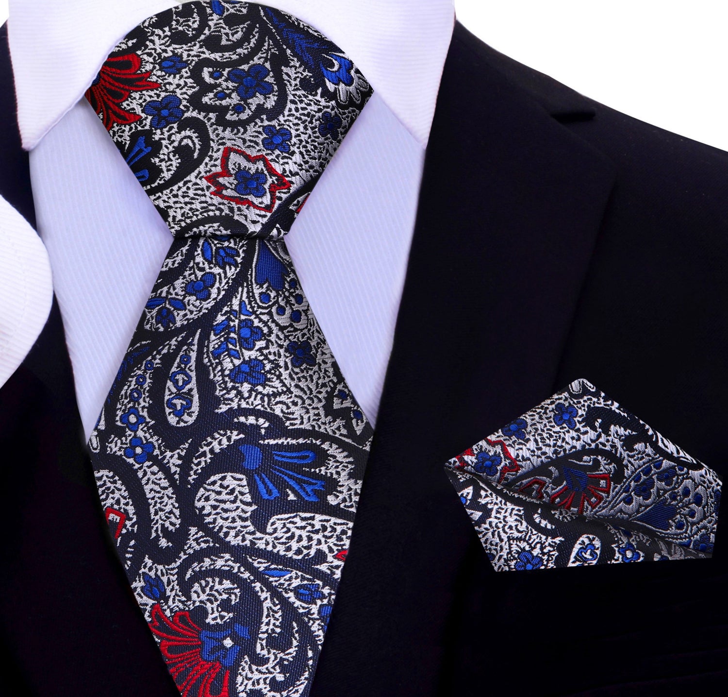 Silver Red Blue Paisley Tie and Square