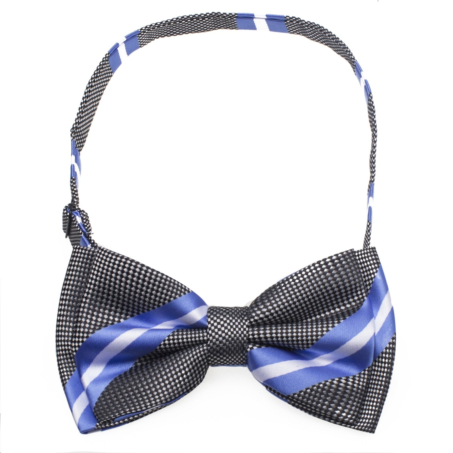 Grey, Blue, White Stripe Bow Tie Pre Tied