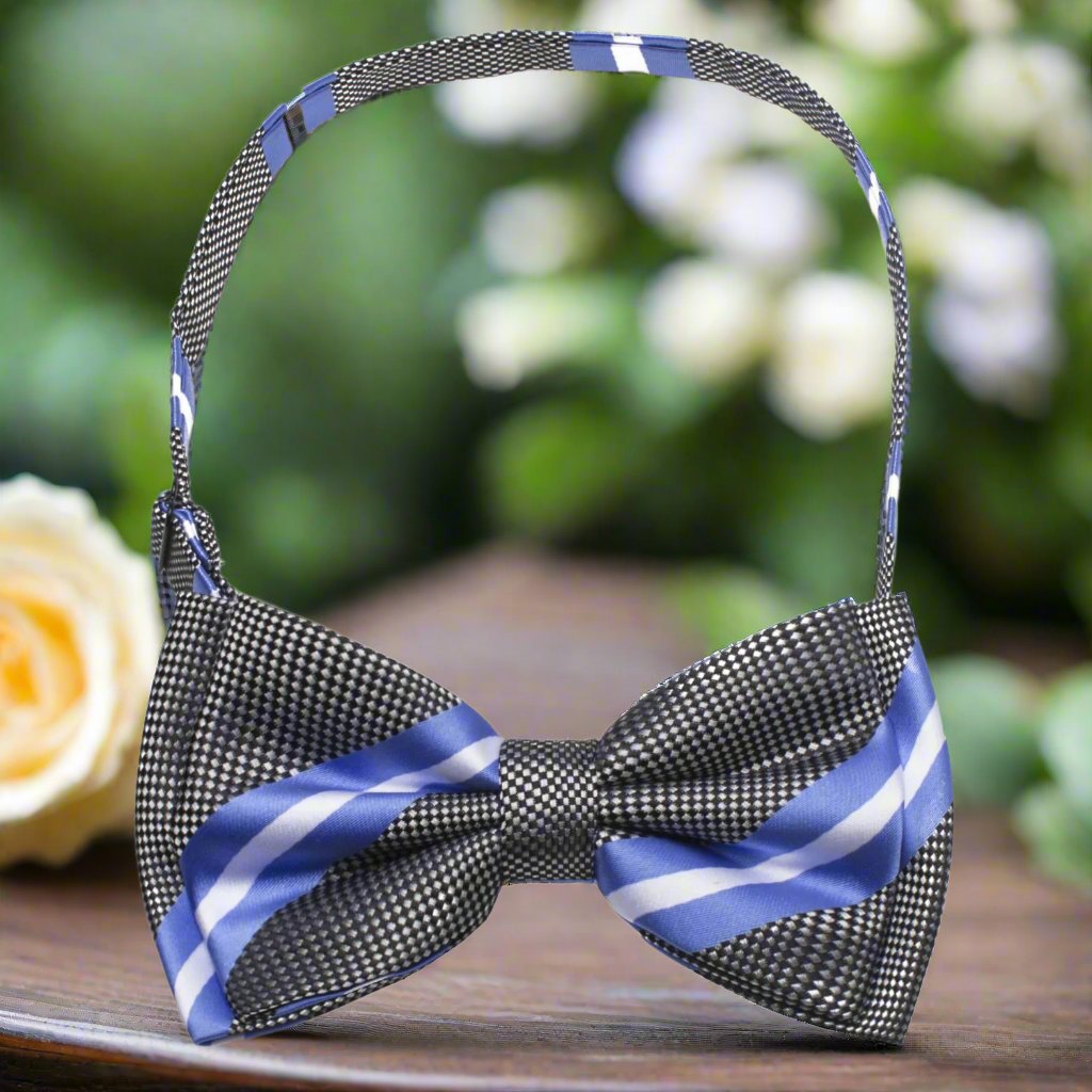 Pre Tied Grey, Blue, White Dapper Stripe Bow Tie 