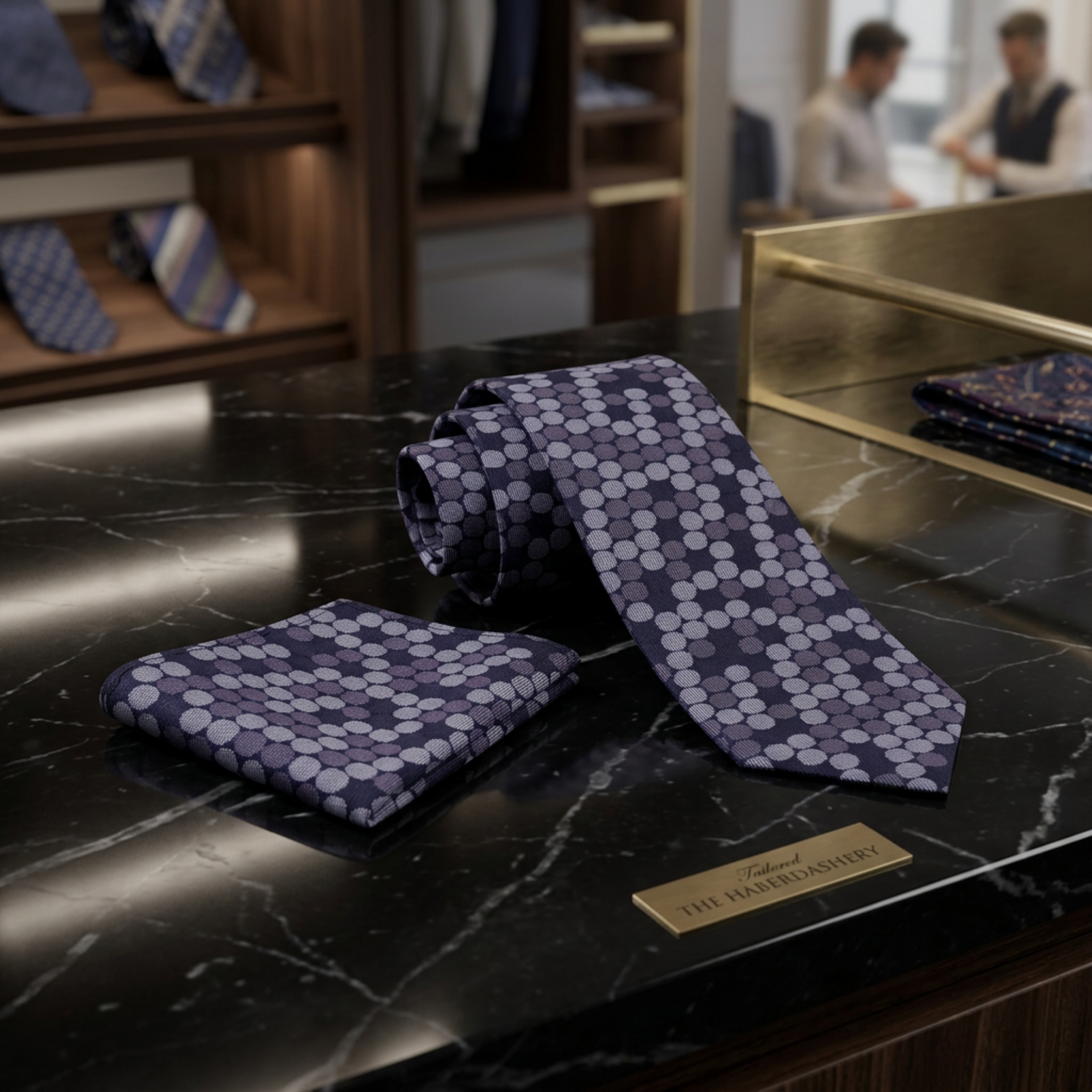 A men's necktie and matching pocket square set with a repeating pattern of purple and gray circles on a dark navy background, displayed on a clean white background.