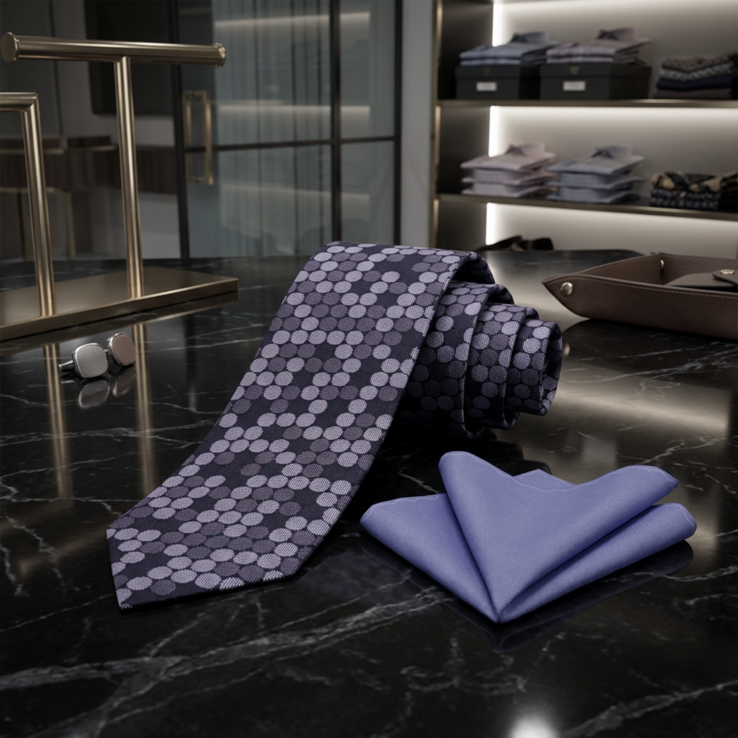 A men's necktie and matching pocket square set in a luxury retail environment. The necktie is dark purple with a lighter purple hexagonal pattern, and the matching pocket square is a solid periwinkle blue.