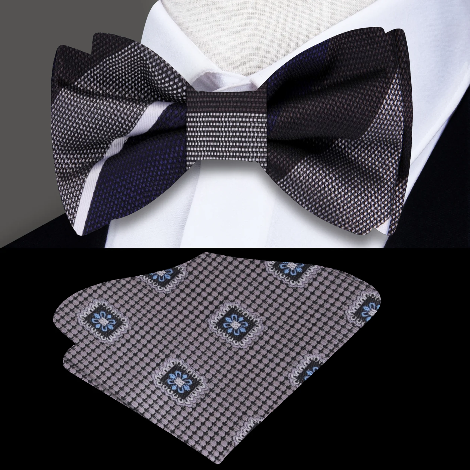 Main: Brown, Grey, Blue Stripe Bow Tie and Accenting Square