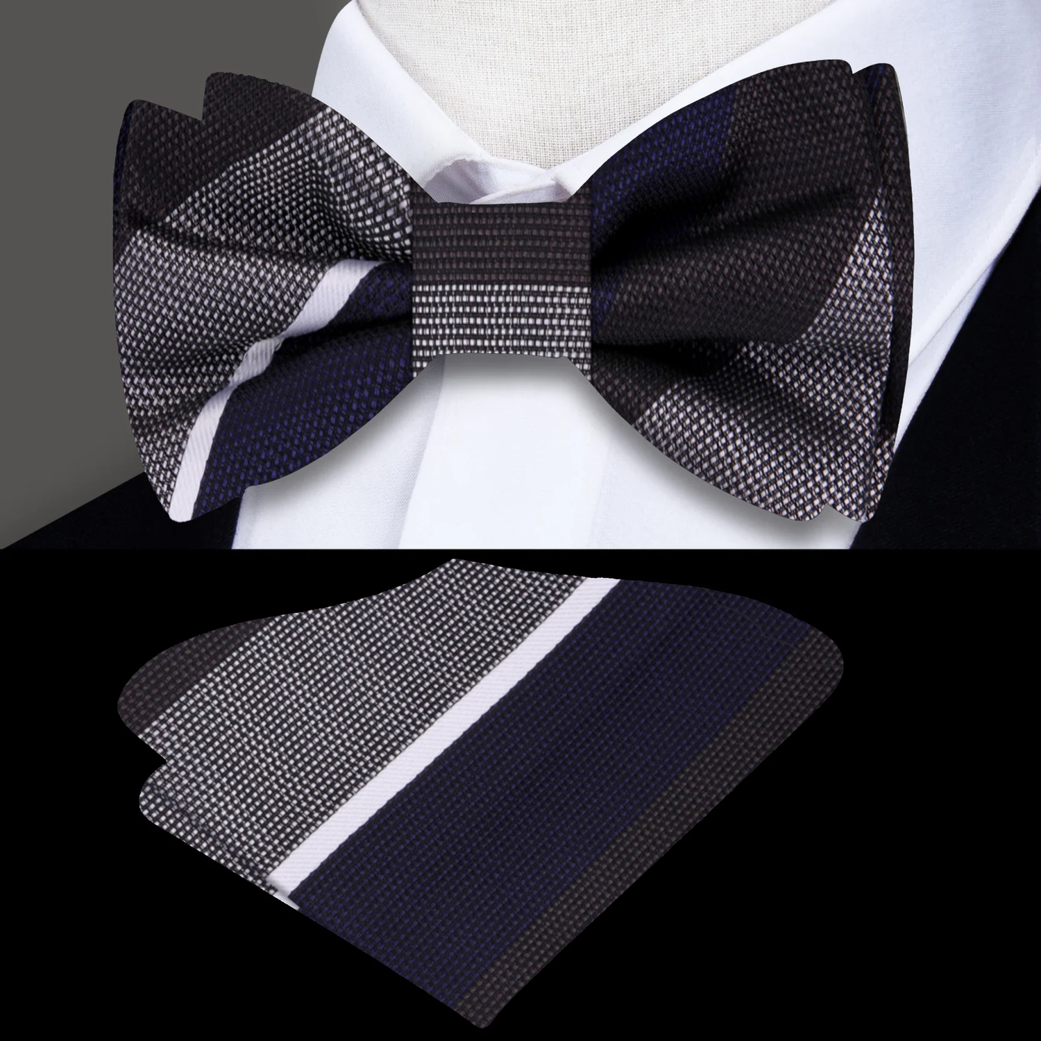 Grey Brown Blue Adonis Stripe Bow Tie and Square