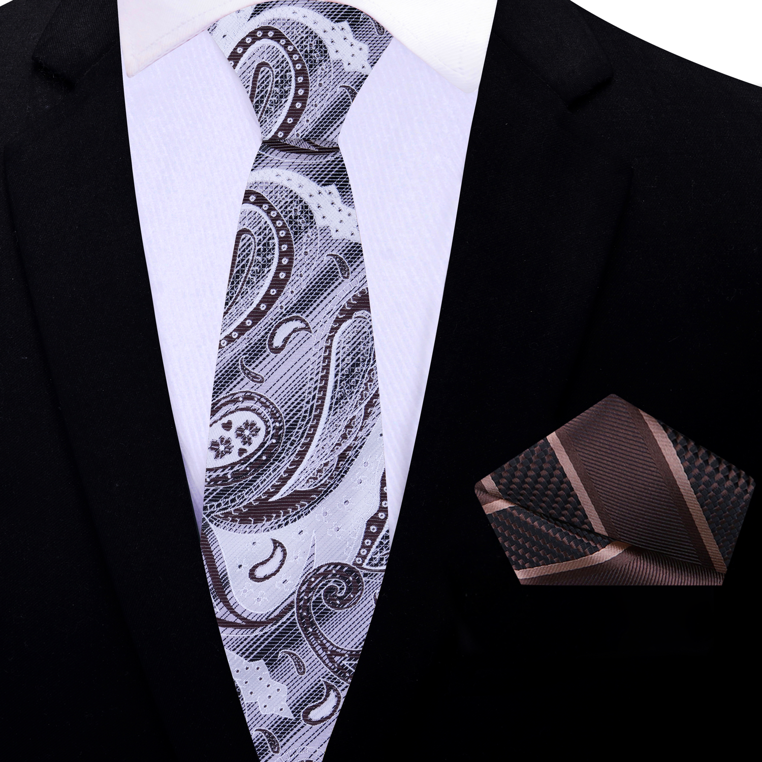 Thin Tie: A White, Grey, Brown Paisley Pattern Silk Necktie, With Brown Stripe Pocket Square