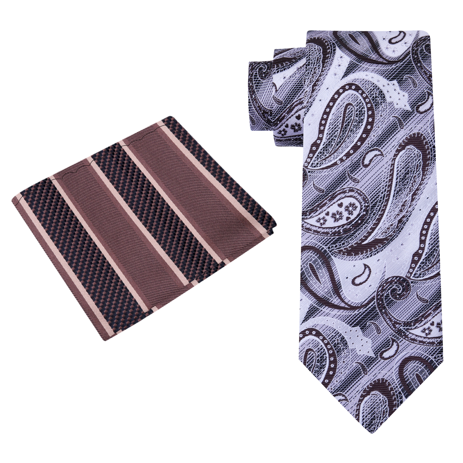 Alt View: A White, Grey, Brown Paisley Pattern Silk Necktie, With Brown Stripe Pocket Square