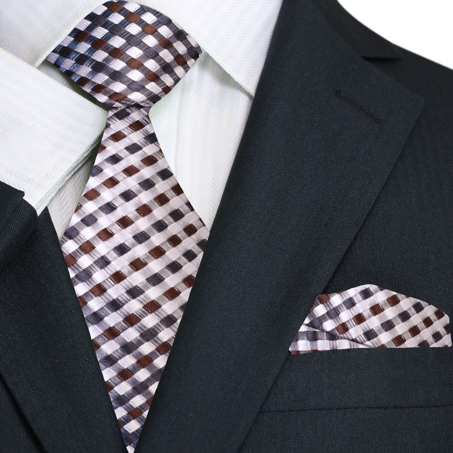 A Light Grey, Brown, White Small Geometric Check Pattern Necktie, Matching Pocket Square