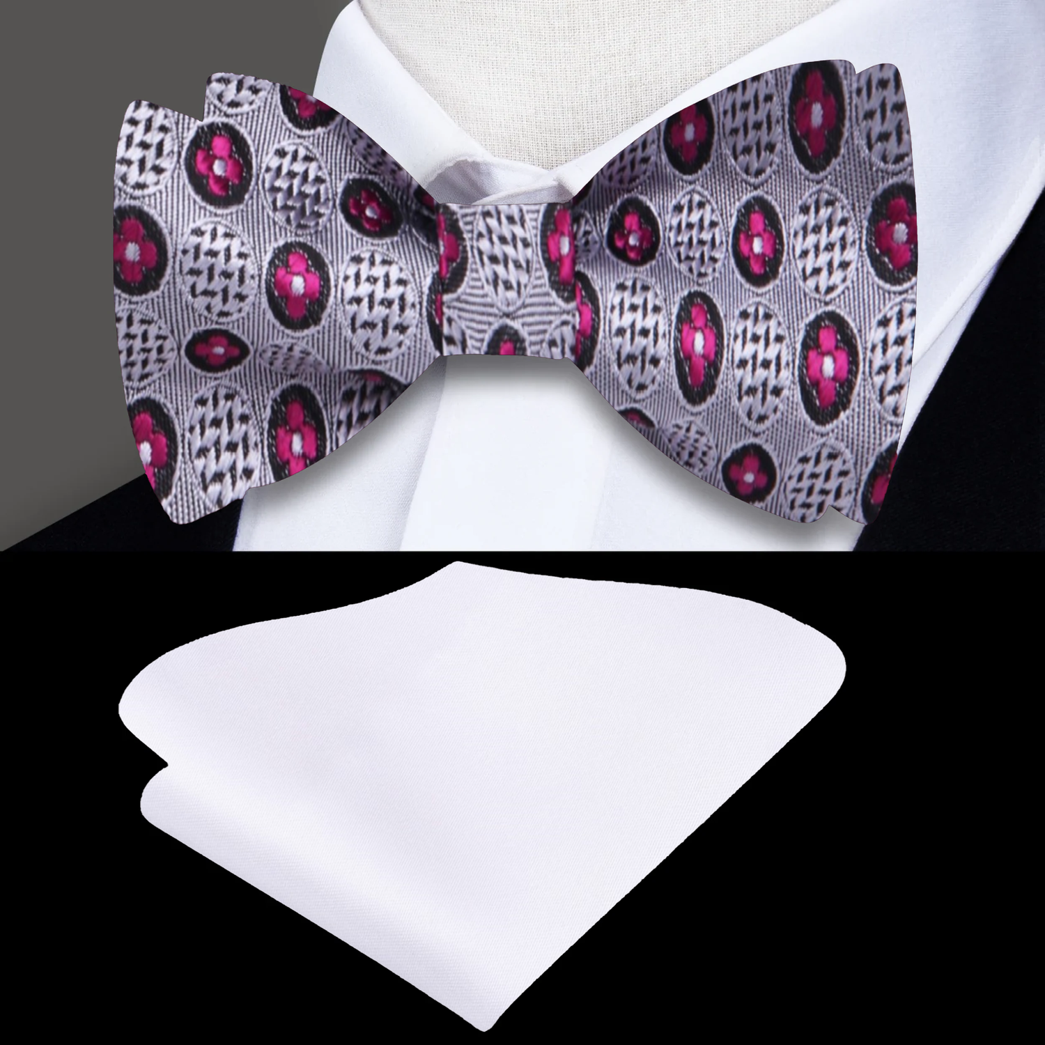 A Grey, Dark Pink Circles and Flowers Pattern Silk Self-Tie Bow Tie, White Pocket Square