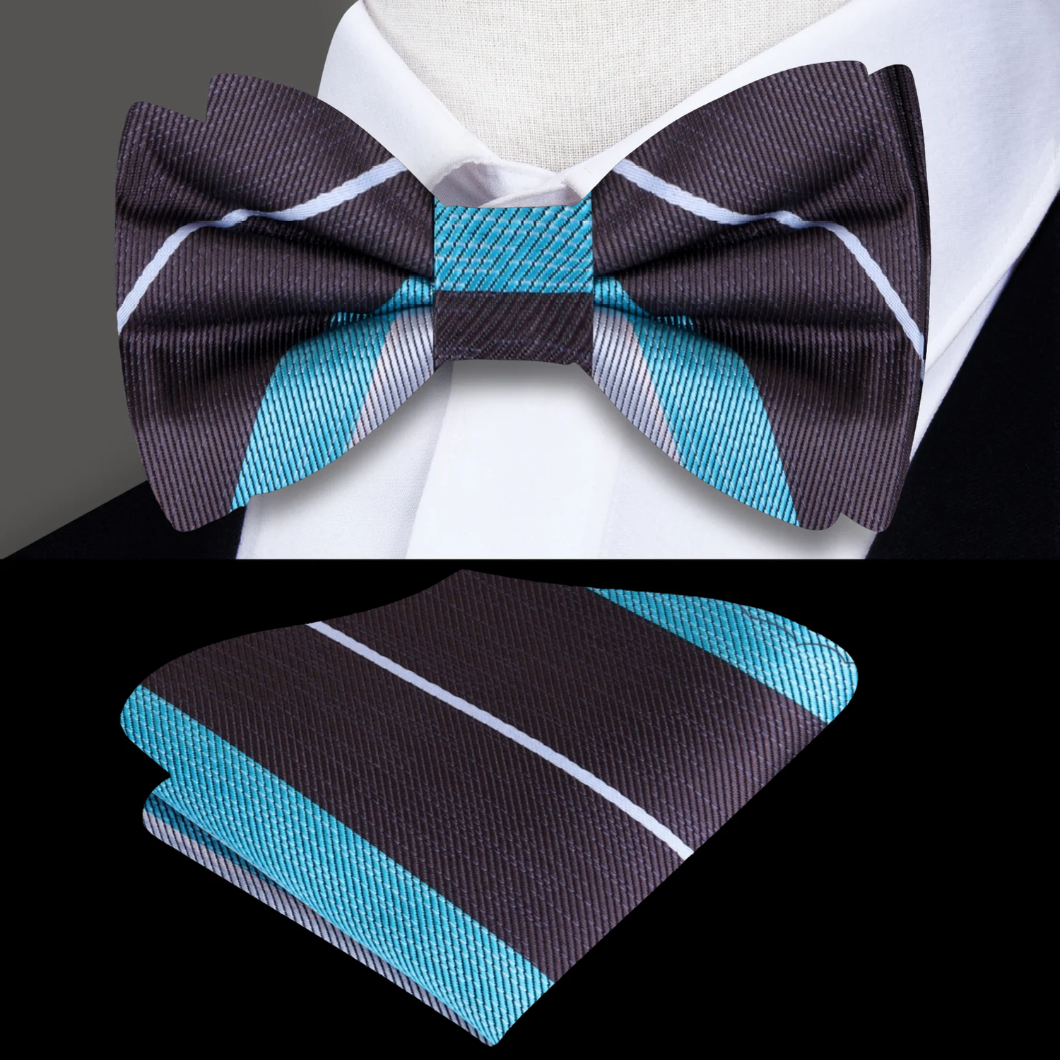 A Light Blue, Grey, Smoke Stripe Pattern Silk Pre Tied Bow Tie, Matching Pocket Square