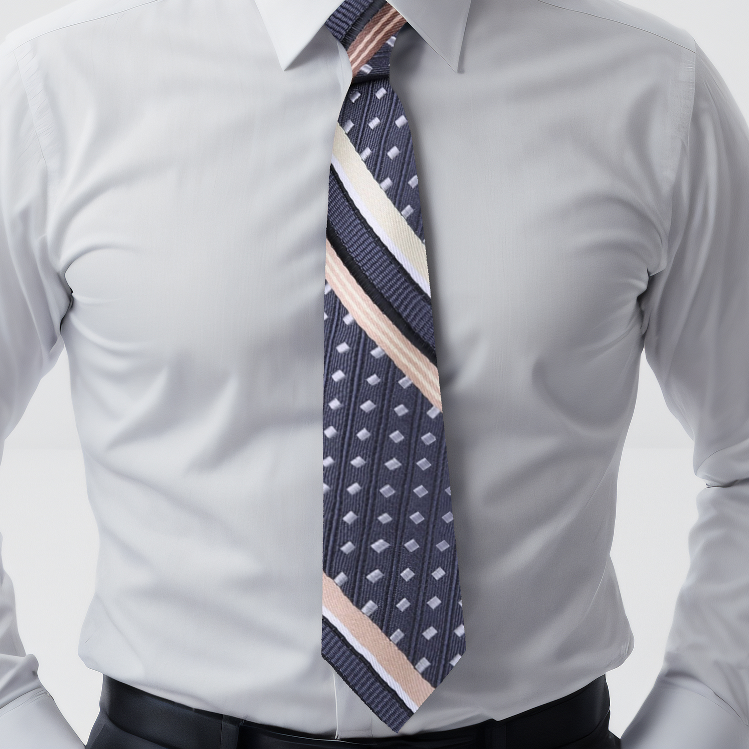 Grey Gold Black Saint Stripe Necktie on man