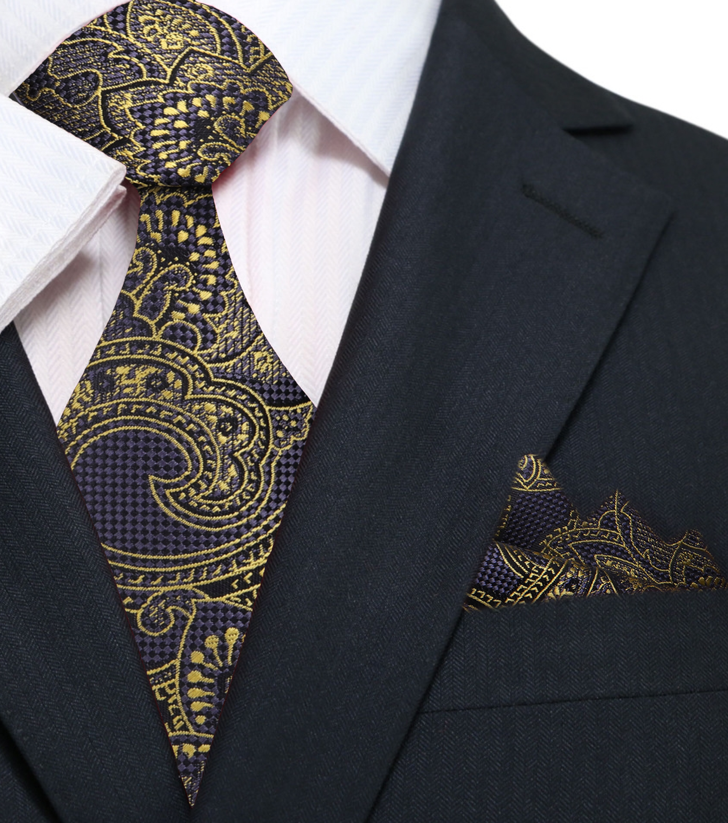 Grey, Gold Large Intricate Paisley Tie and Pocket Square