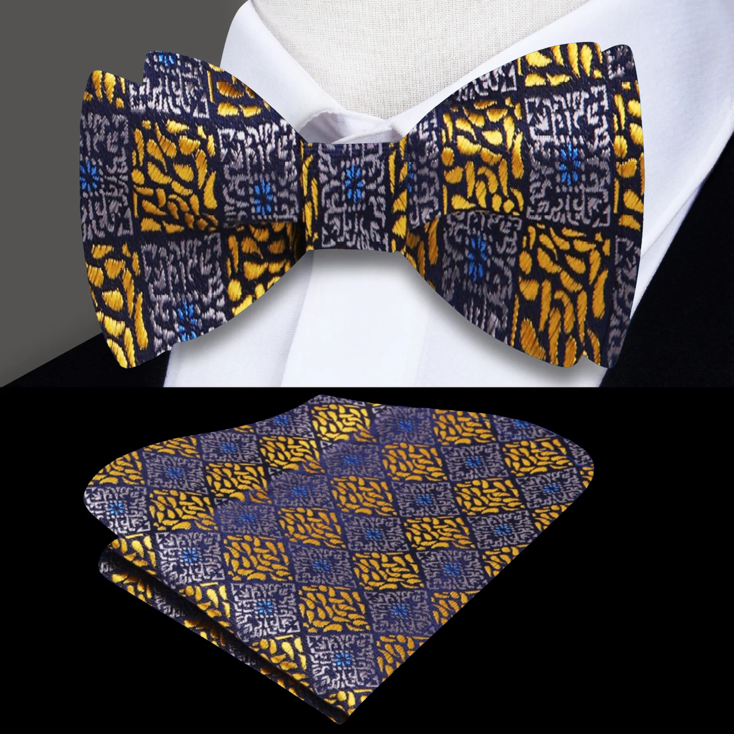 Main: Gold Geometric Bow Tie and Pocket Square