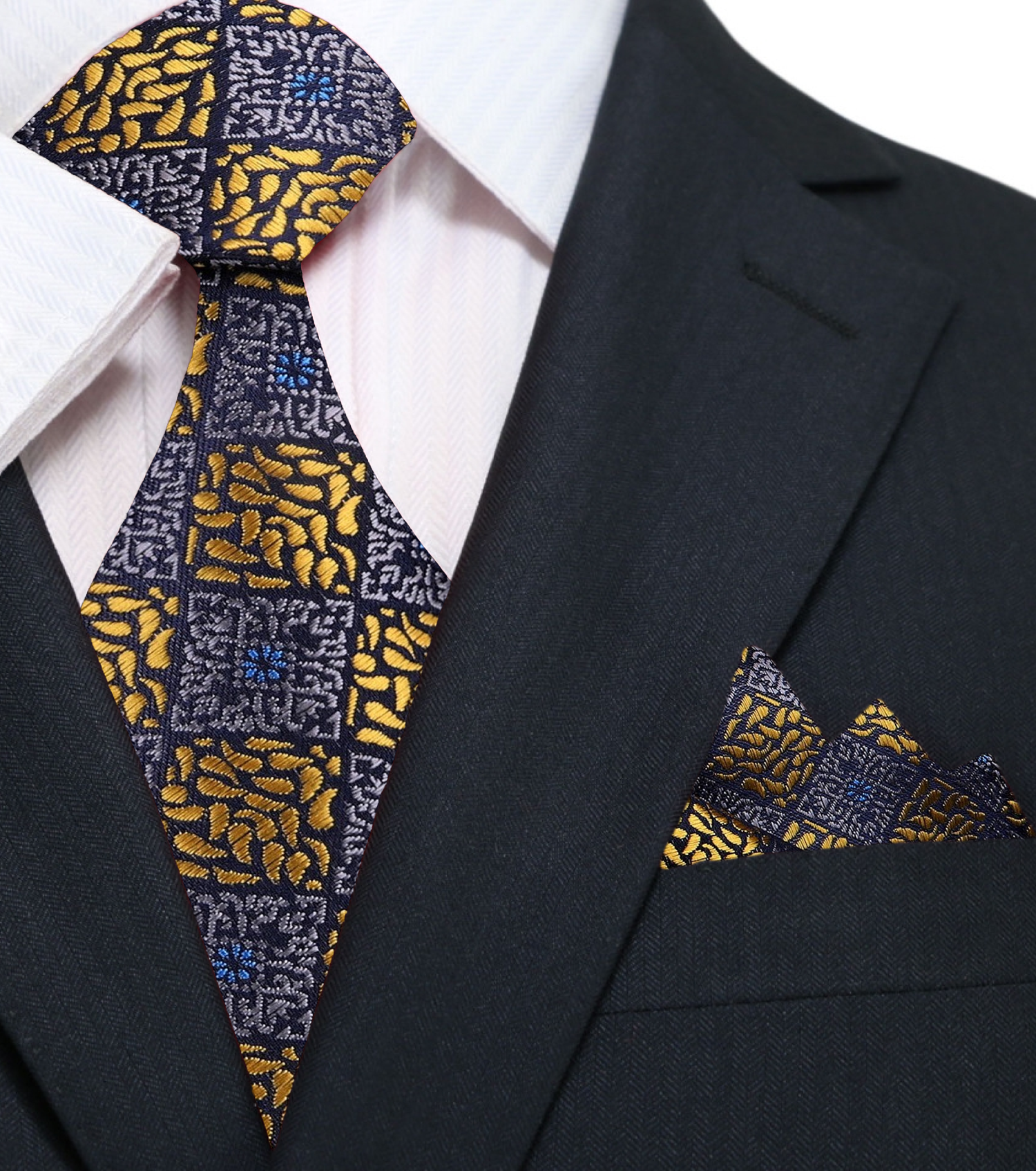Grey and Gold Geometric Necktie and Square