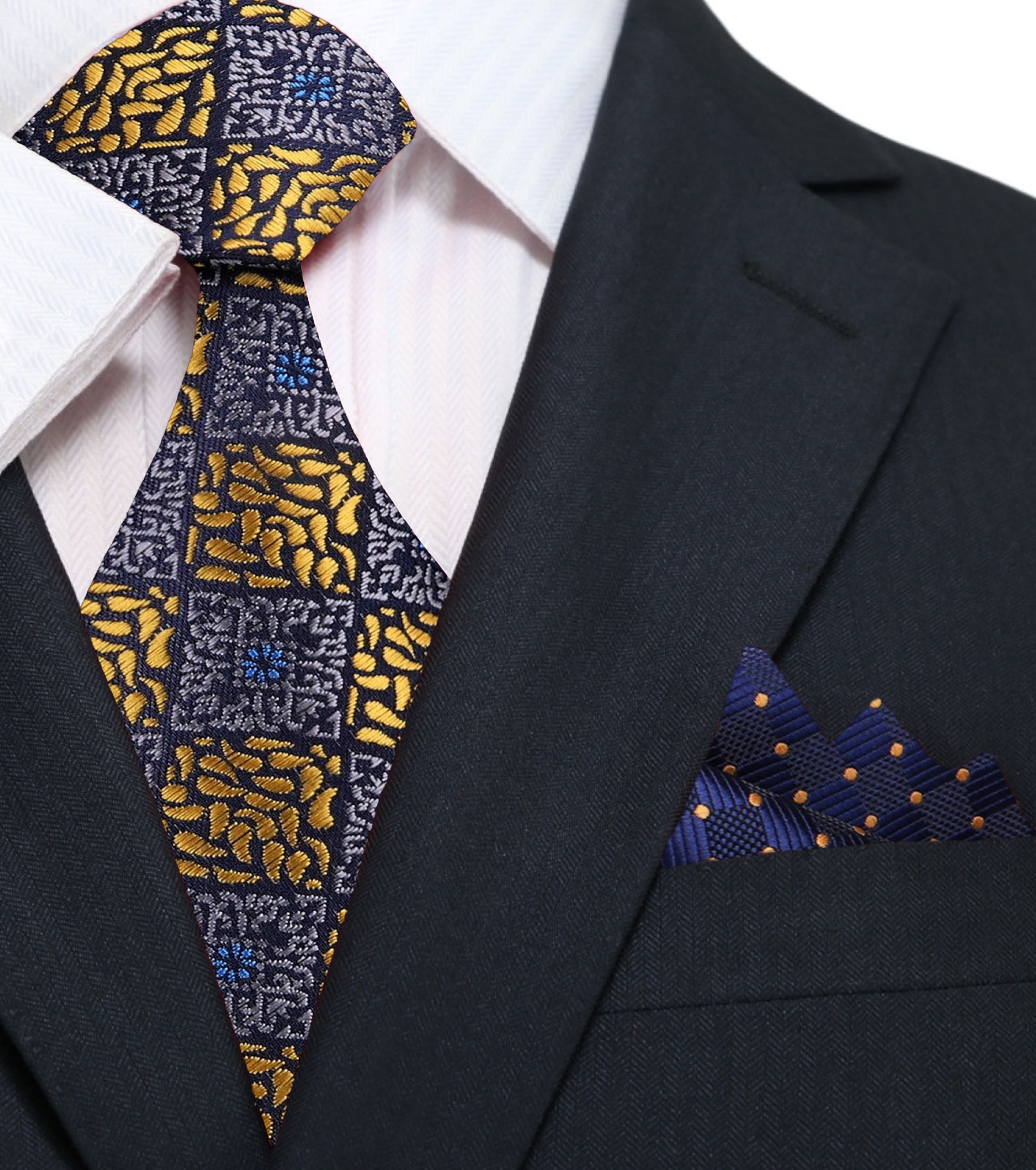 Grey and Gold Geometric Necktie and Accenting Square