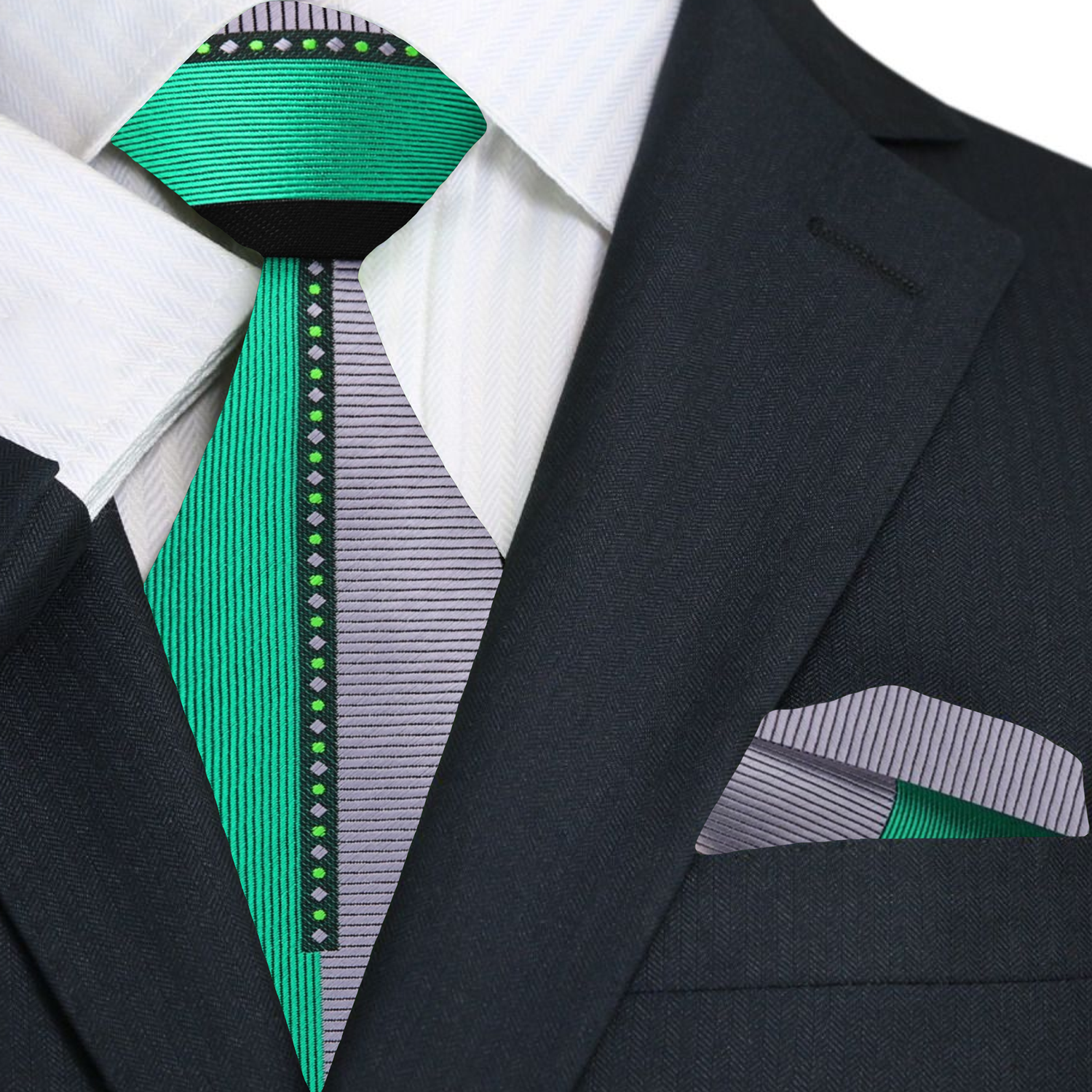 Black, Green, Grey Abstract Tie with Matching Tooth Pocket Square