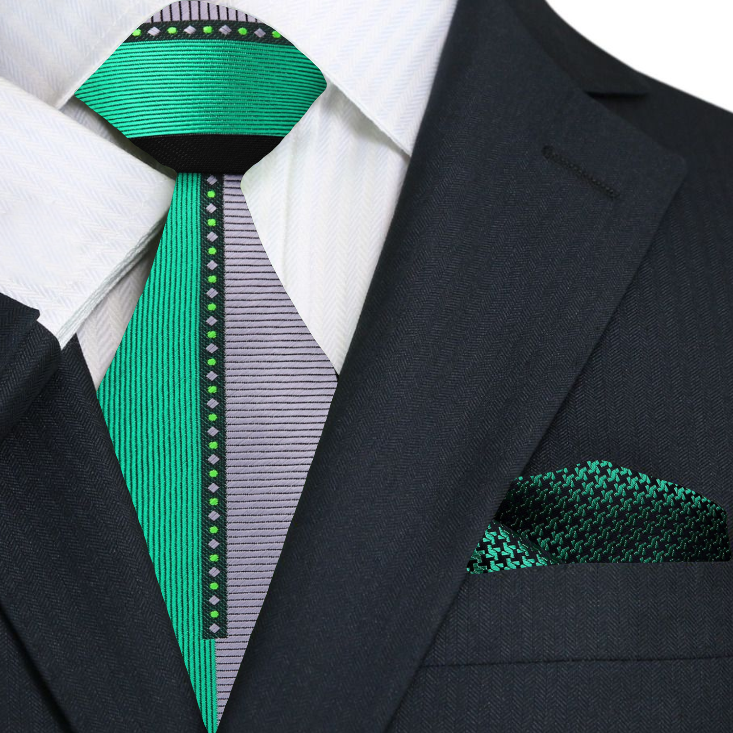 Primary Black, Green, Grey Abstract Tie with Green, Black Hounds Tooth Pocket Square