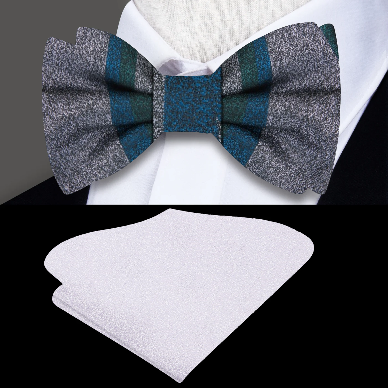 Grey Green Blue Abstract Bow Tie and Silver Square