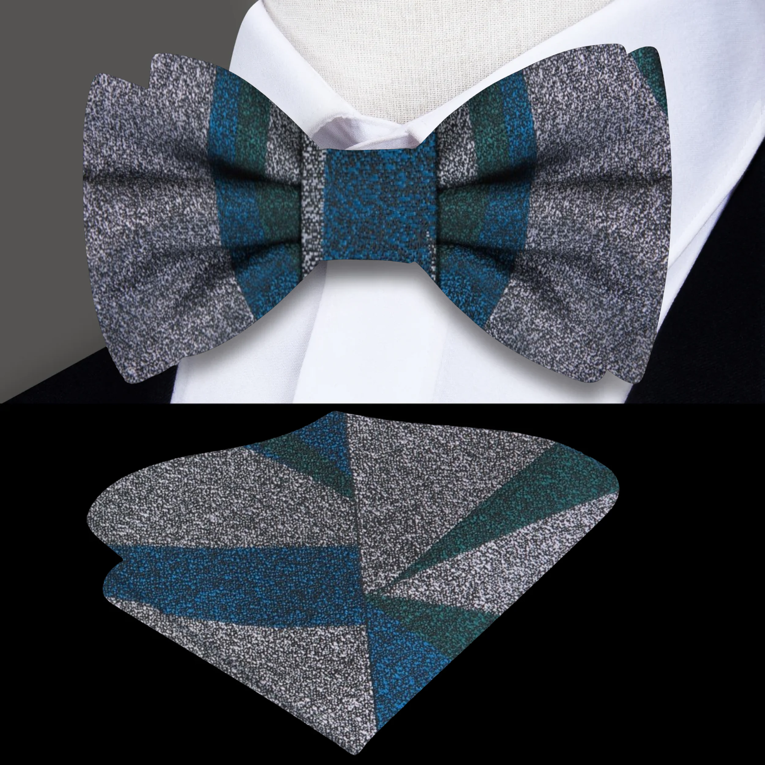 Grey Green Blue Abstract Bow Tie and Square