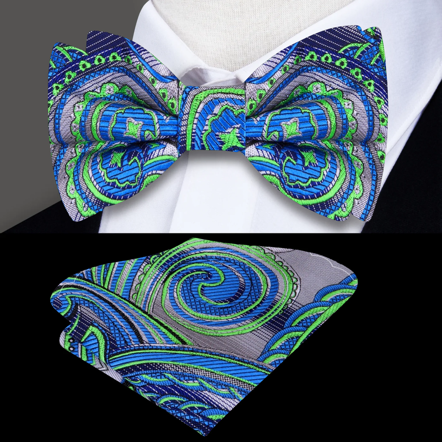A Grey, Green Pattern Silk Pre Tied Bow Tie, Matching Pocket Square