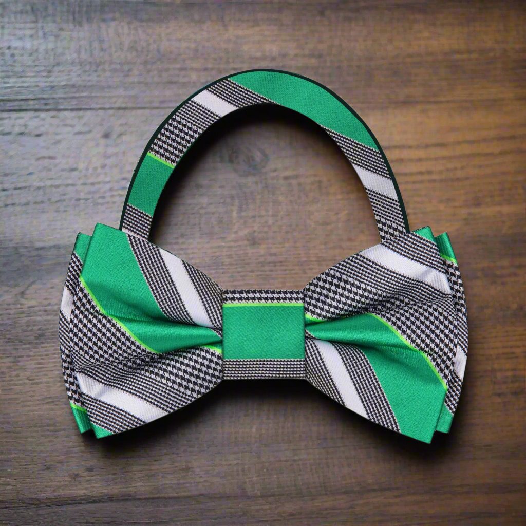 Green, Grey, White Stripe Bow Tie Pre Tied