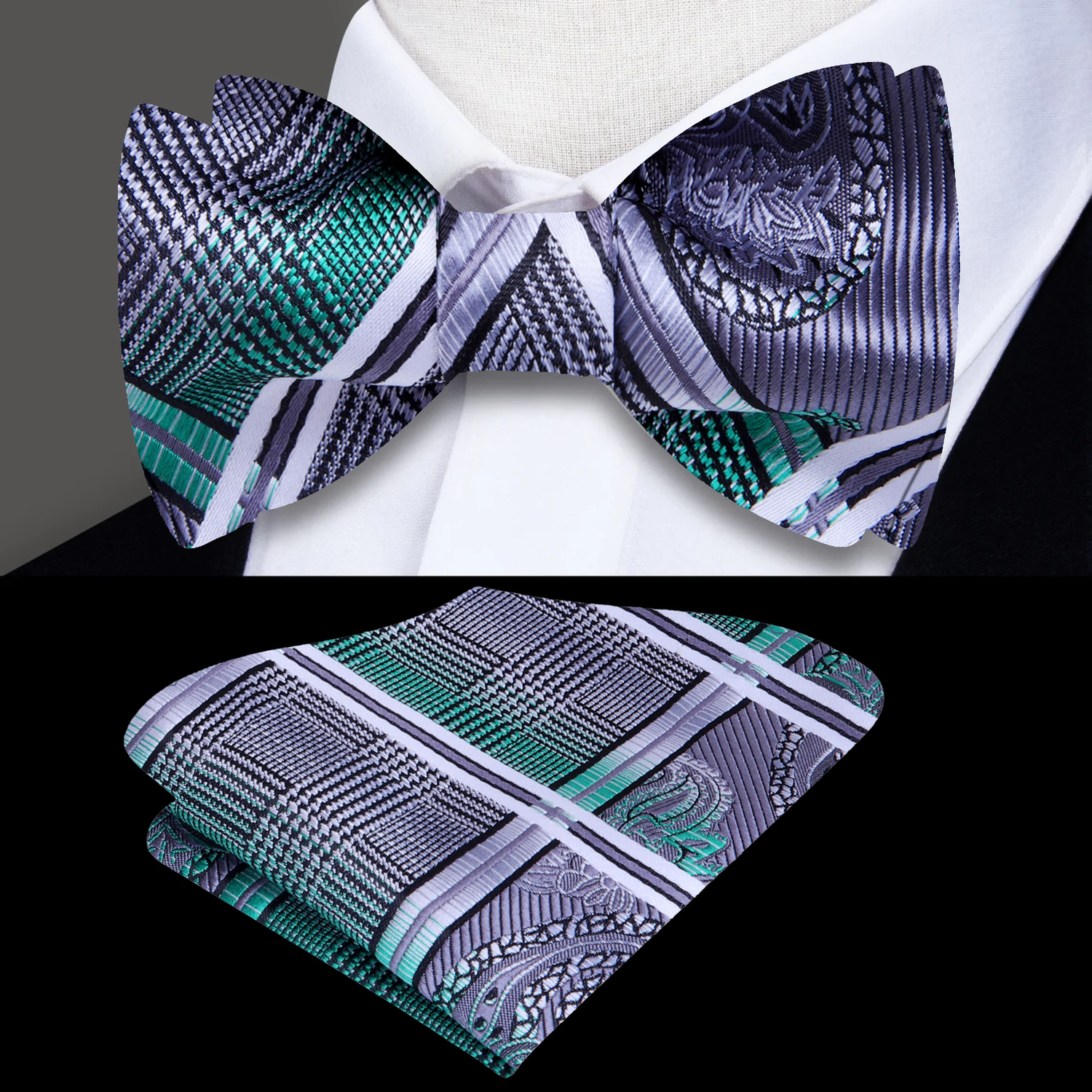Main: A Silver, Black, Green Geometric and Paisley Pattern Silk Self Tie Bow Tie, Matching Pocket Square