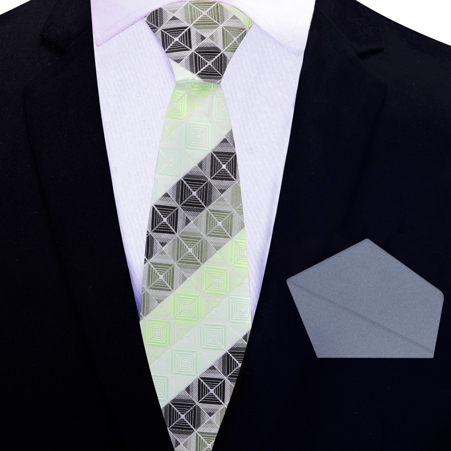 Thin Tie: Green Geometric Blocks Tie and Grey Square