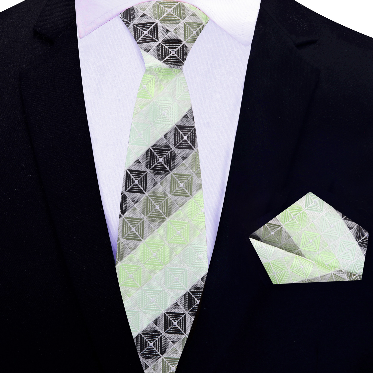 Thin Tie: Green Geometric Blocks Tie and Matching Square