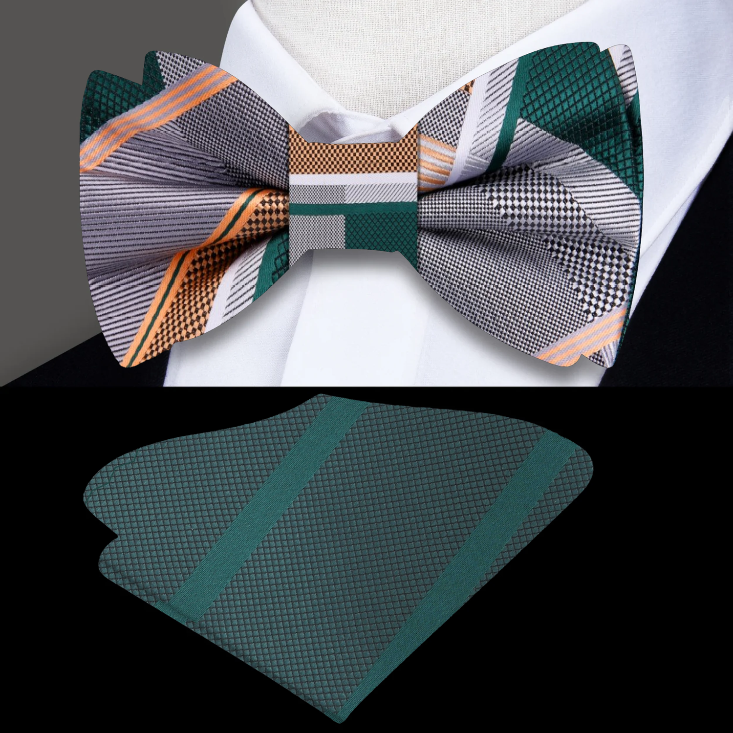 Grey, Green, Gold, White Plaid Bow Tie and Accenting Pocket Square