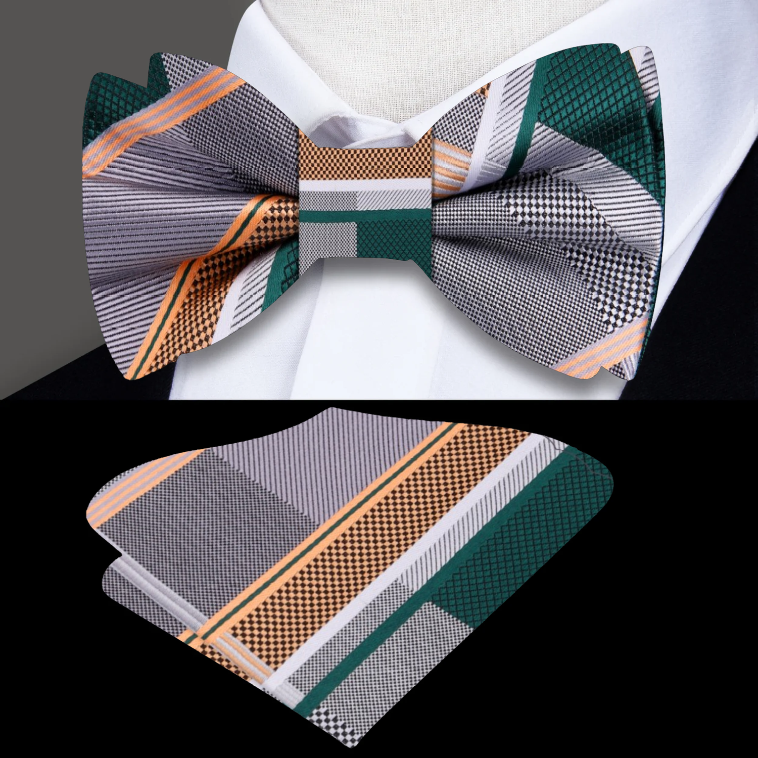 Grey, Green, Gold, White Plaid Bow Tie and Pocket Square