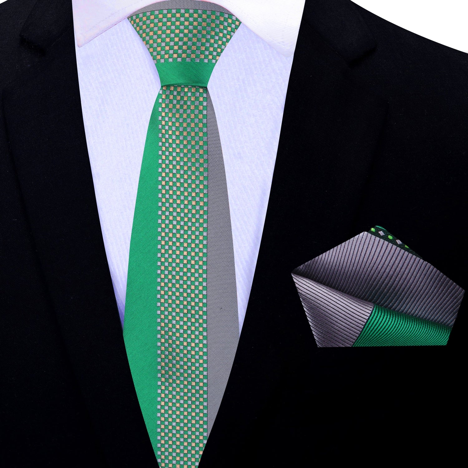 Thin Tie: Green and Grey Abstract Necktie with Grey and Green Abstract Pocket Square