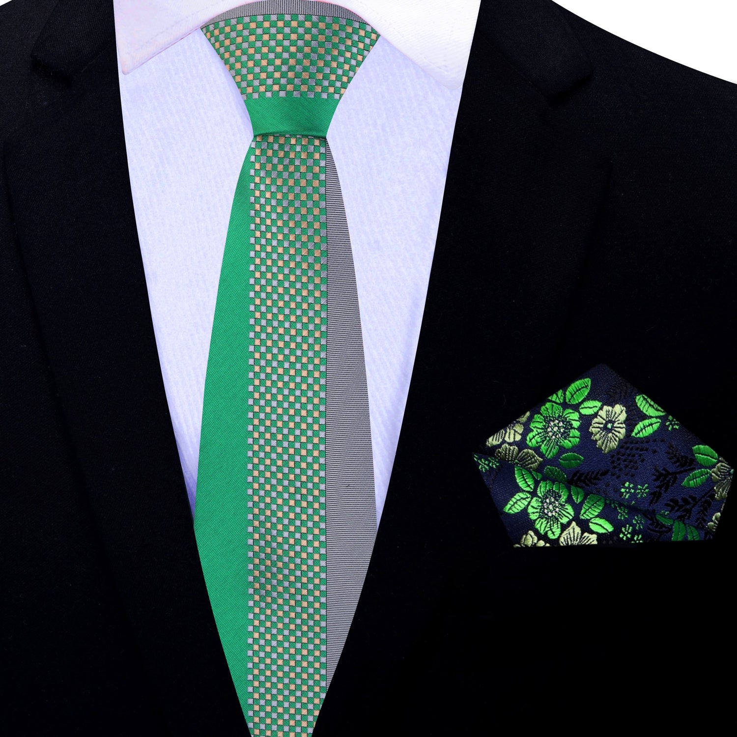 Thin Tie: Green and Grey Abstract Necktie with Blue & Green Floral Pocket Square