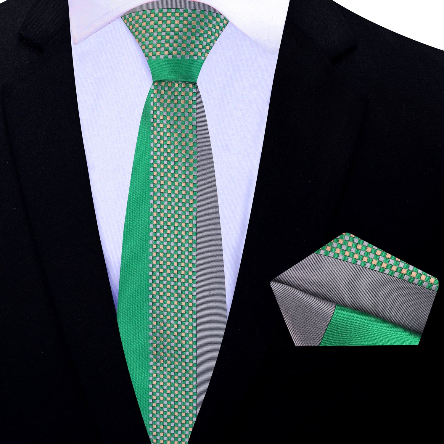 Thin Tie: Green and Grey Abstract Necktie with  Pocket Square