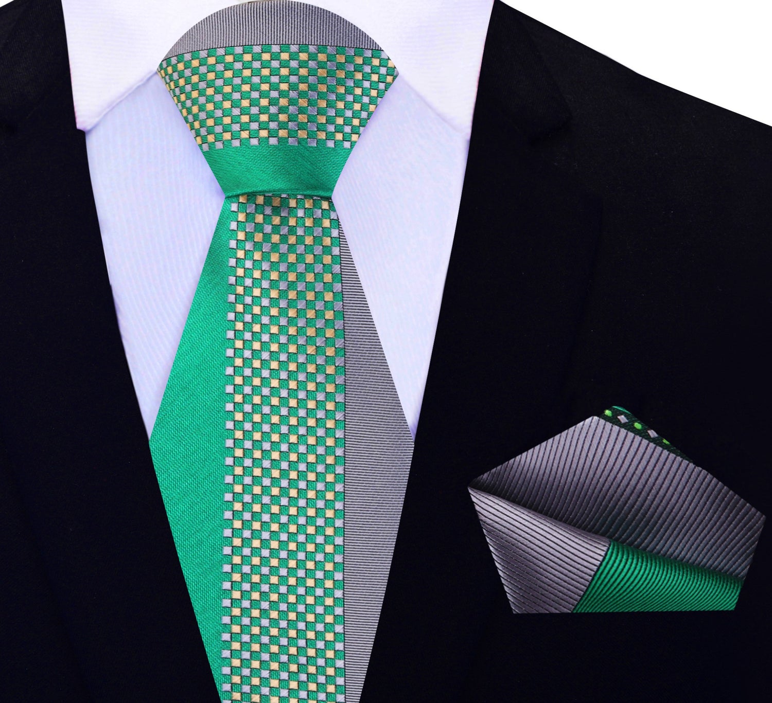 View 2: Green and Grey Abstract Necktie with Grey and Green Abstract Pocket Square