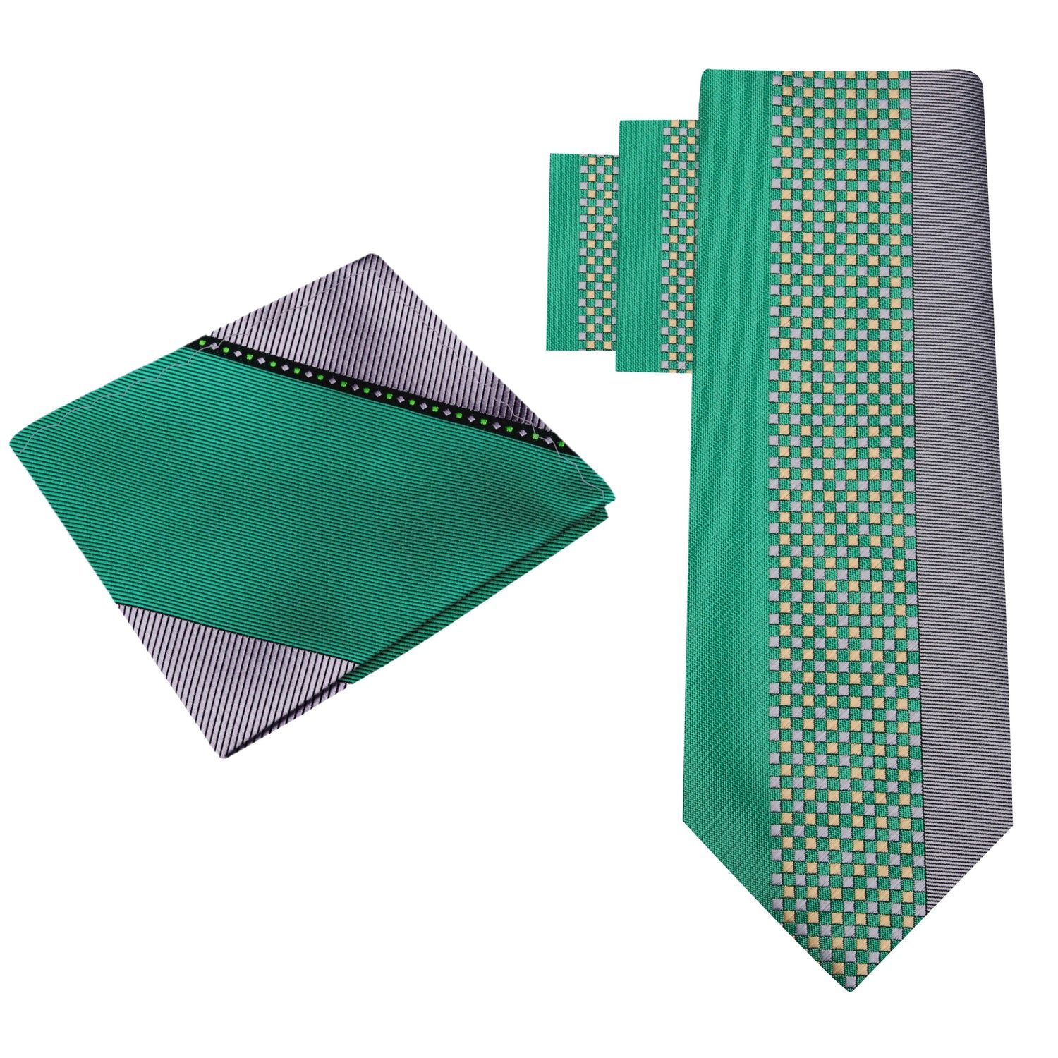 Alt View: Green and Grey Abstract Necktie with Grey and Green Abstract Pocket Square