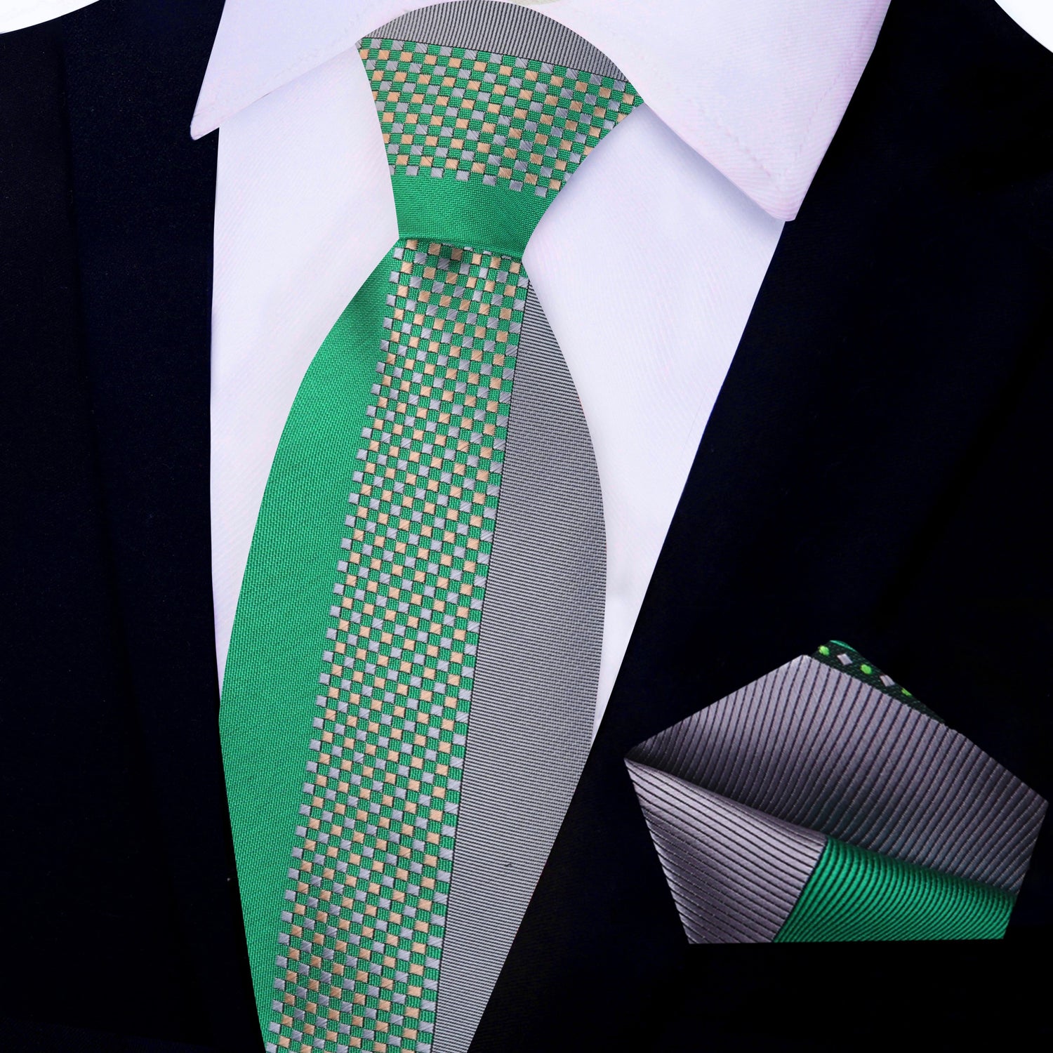 Green and Grey Abstract Necktie with Grey and Green Abstract Pocket Square