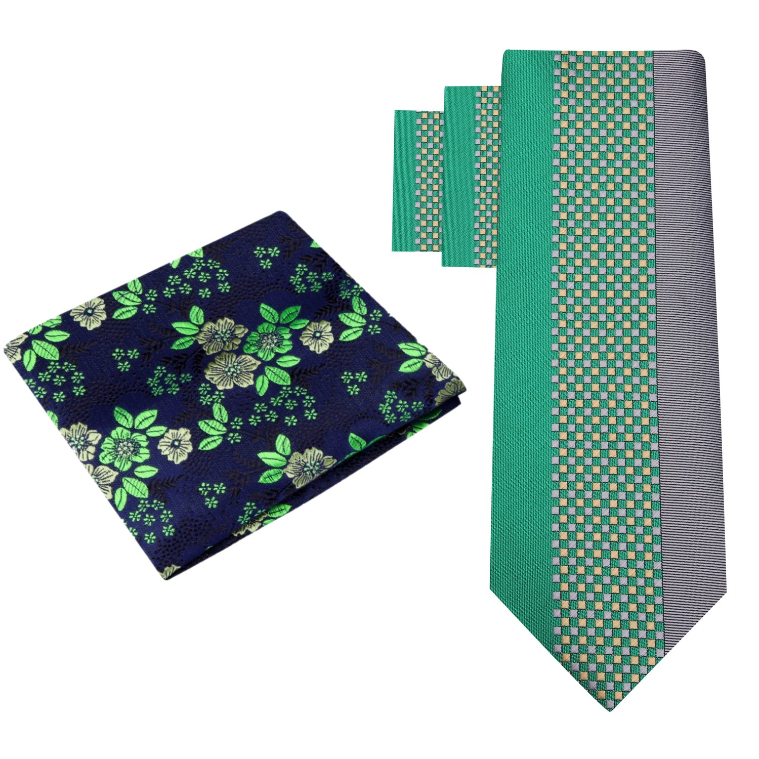 Alt View Green and Grey Abstract Necktie with Blue & Green Floral Pocket Square