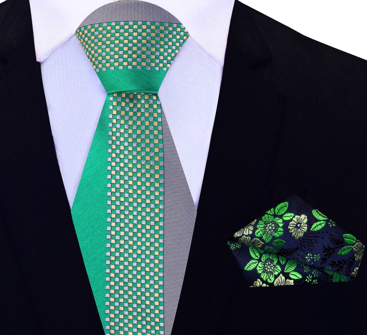 View 2: Green and Grey Abstract Necktie with Blue & Green Floral Pocket Square