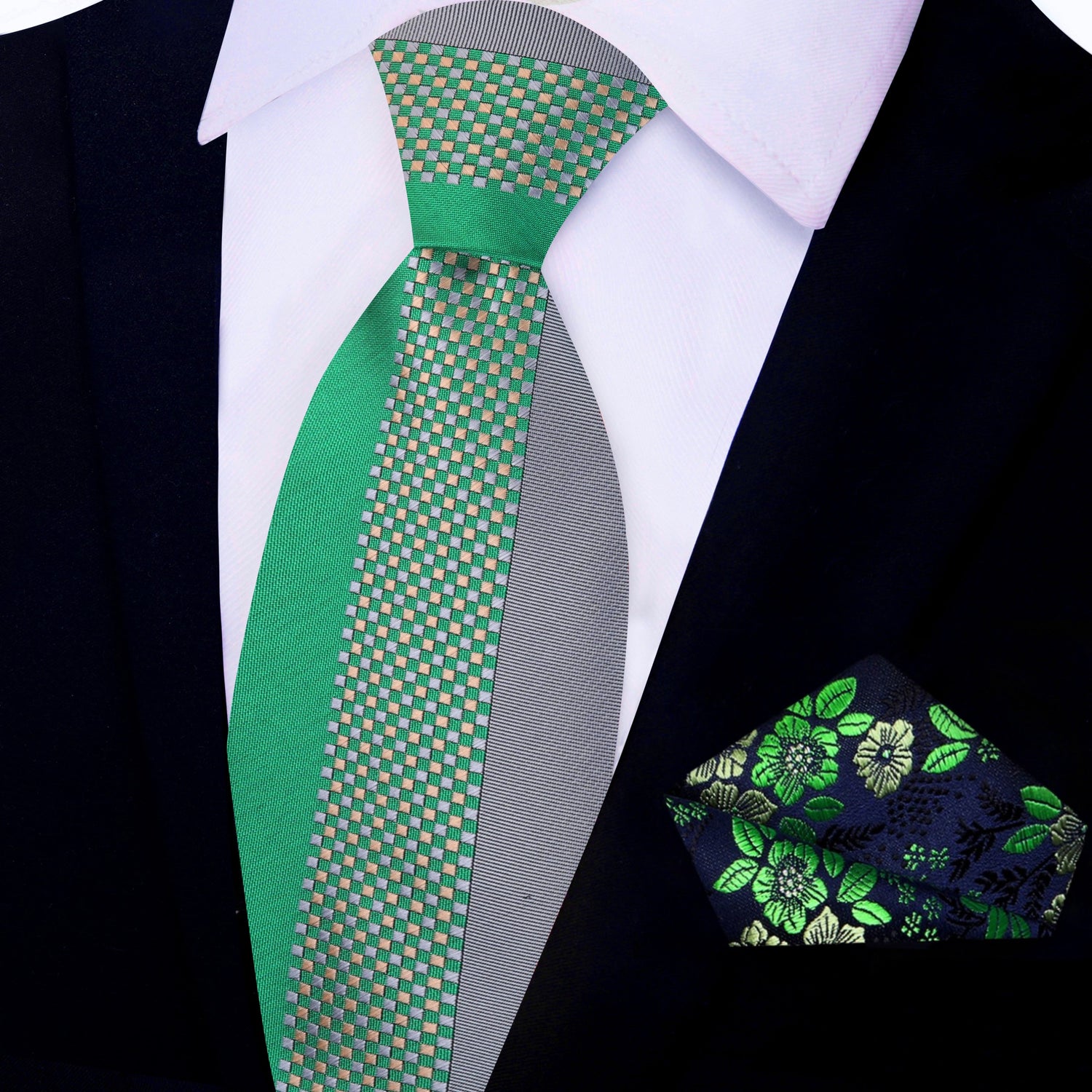 Green and Grey Abstract Necktie with Blue & Green Floral Pocket Square