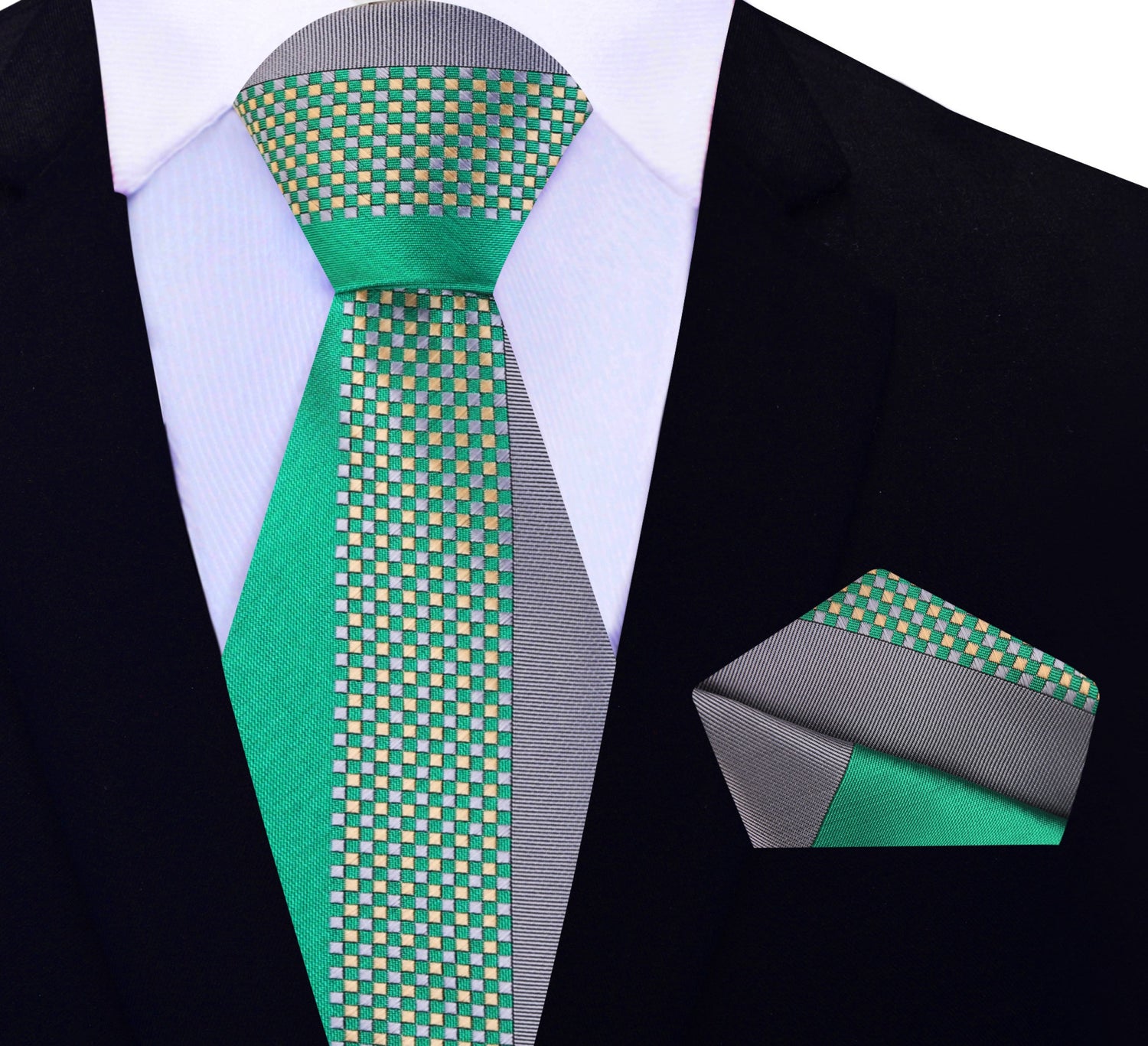 View 2: Green and Grey Abstract Necktie with  Pocket Square