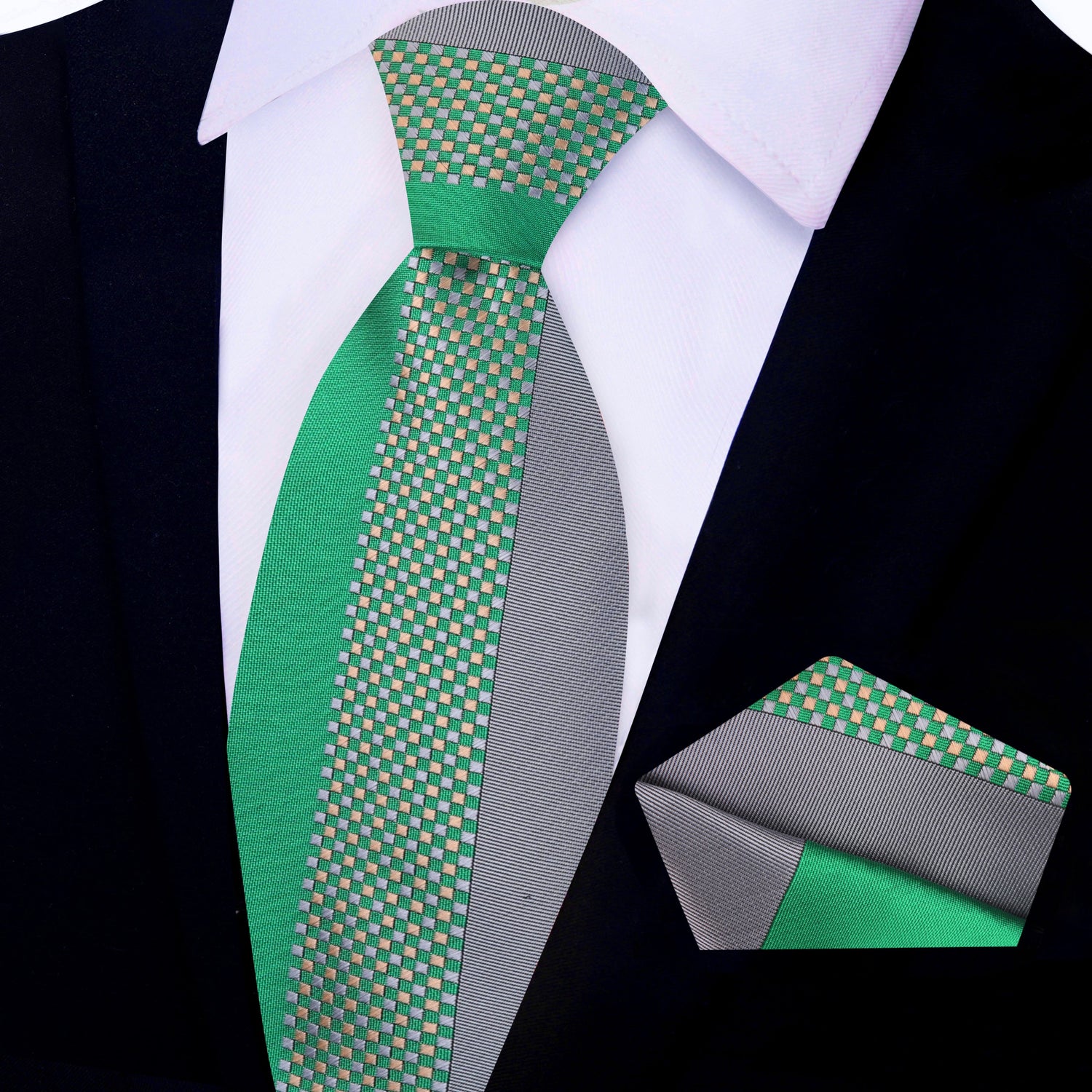 Green and Grey Abstract Necktie with  Pocket Square
