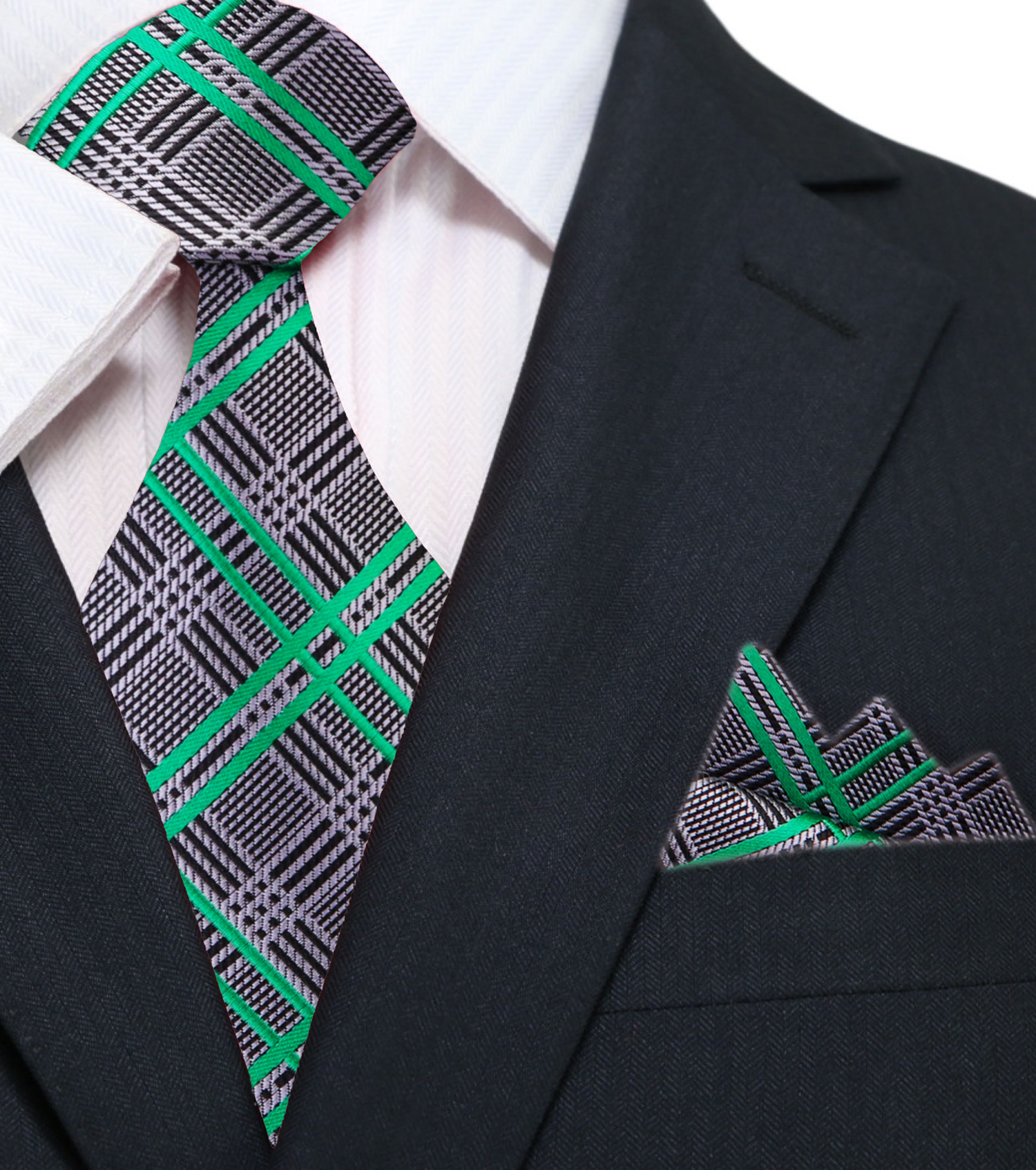 Main: A Grey, Black, Green Plaid Pattern Silk Necktie With Matching Pocket Square||Green, Grey, Black