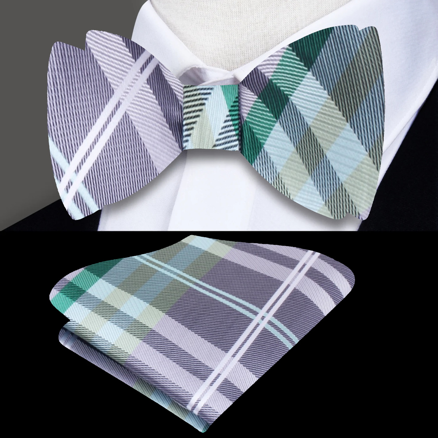 Main View: A Grey, Green, Black, White, Plaid Pattern Silk Self Tie Bow Tie, Matching Pocket Square