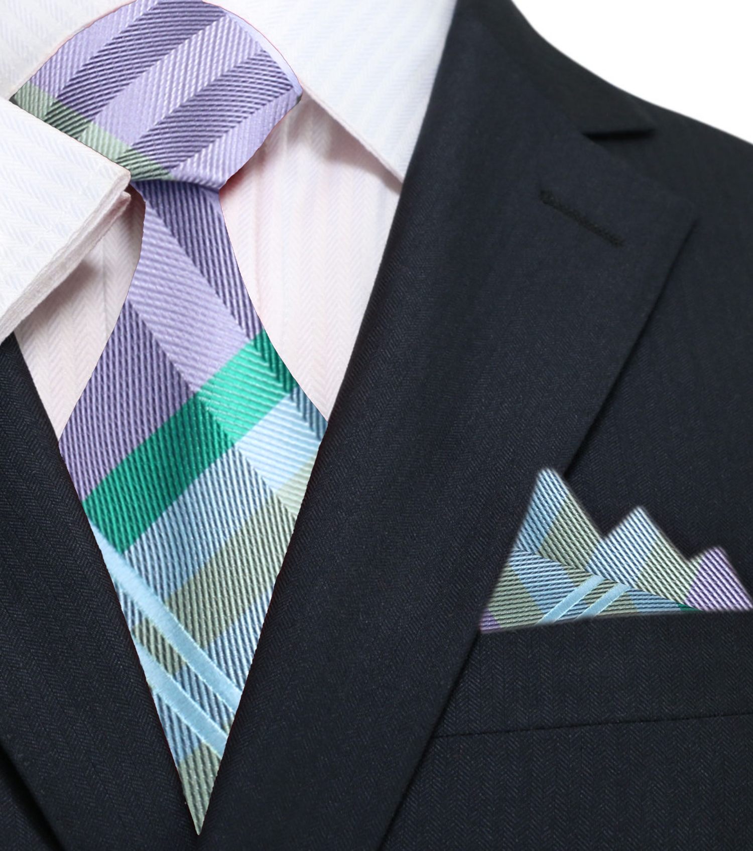 Main: Grey, Green Plaid Tie and Pocket Square||Green, Silver